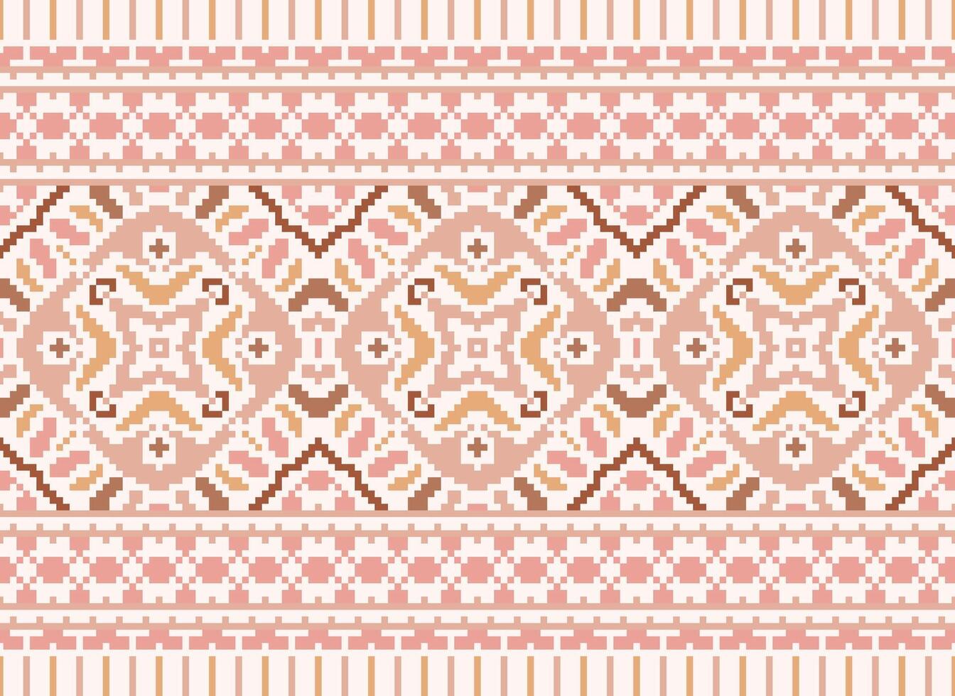 Pixel Cross Stitch Embroidery. Ethnic Patterns. Native Style. Traditional Design for texture, textile, fabric, clothing, Knitwear, print. Geometric Pixel Horizontal Seamless Vector. vector