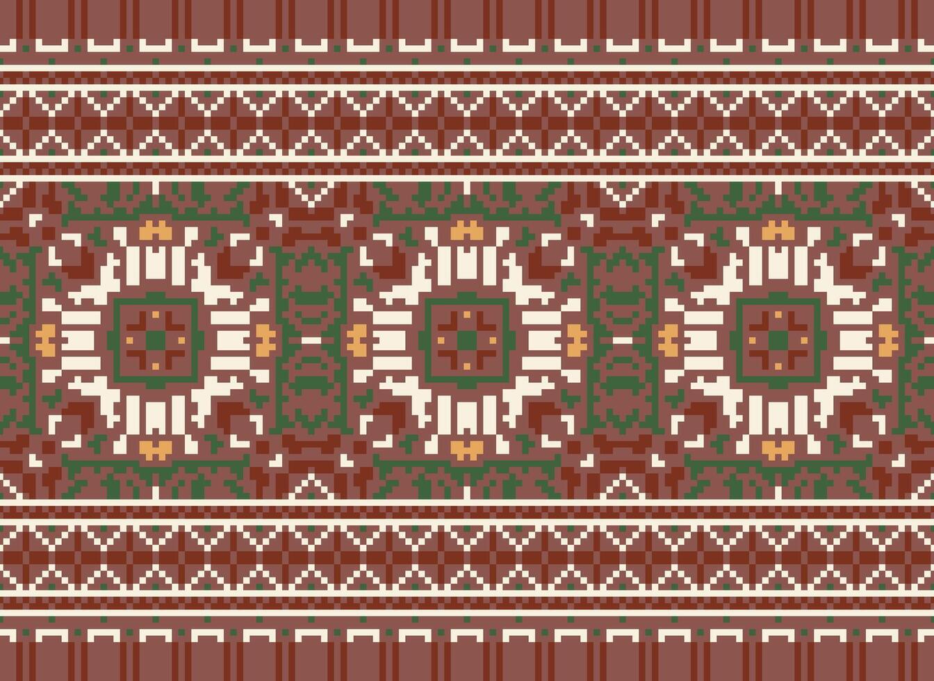 Pixel Cross Stitch Embroidery. Ethnic Patterns. Native Style. Traditional Design for texture, textile, fabric, clothing, Knitwear, print. Geometric Pixel Horizontal Seamless Vector. vector
