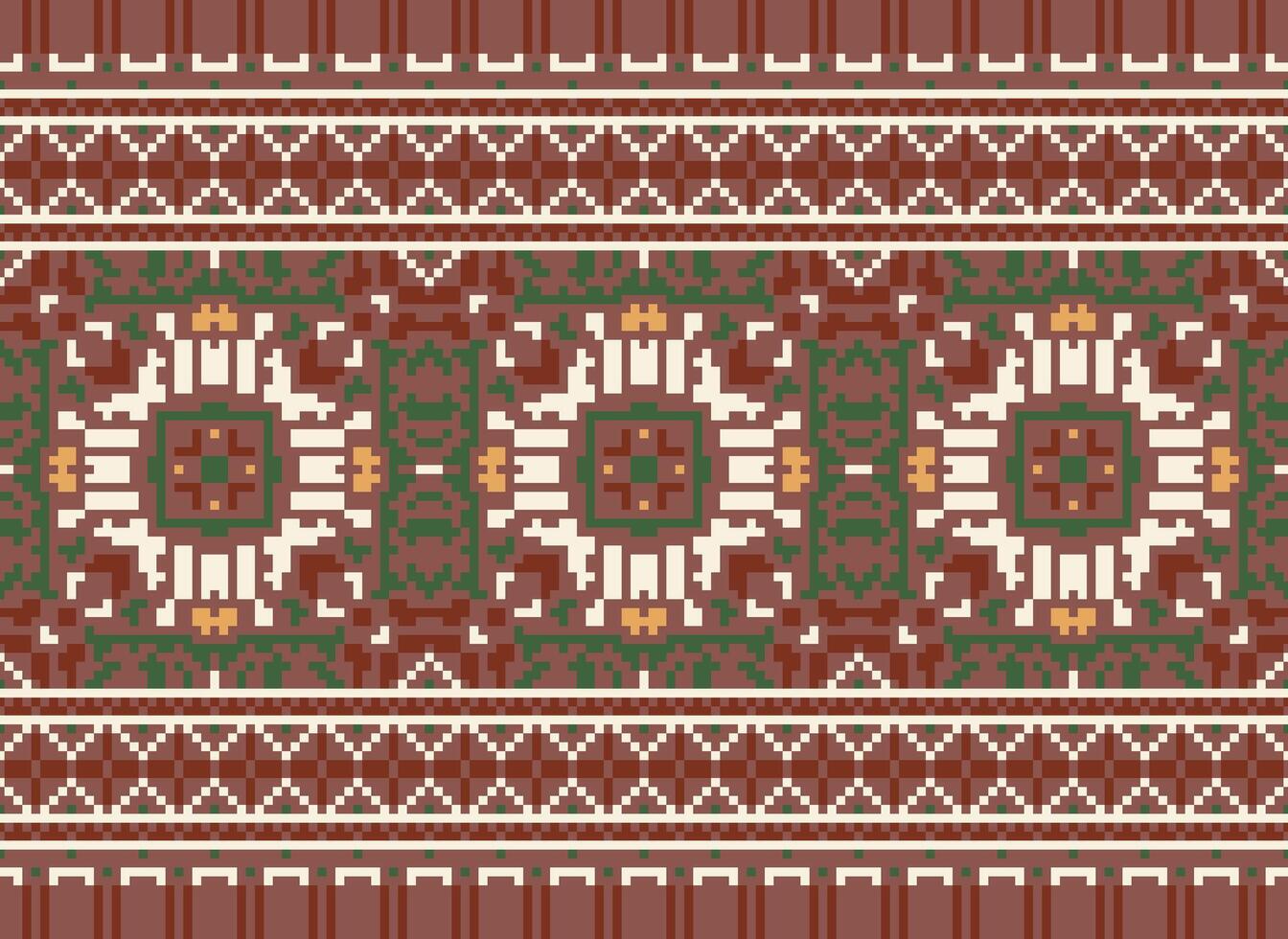 Pixel Cross Stitch Embroidery. Ethnic Patterns. Native Style. Traditional Design for texture, textile, fabric, clothing, Knitwear, print. Geometric Pixel Horizontal Seamless Vector. vector