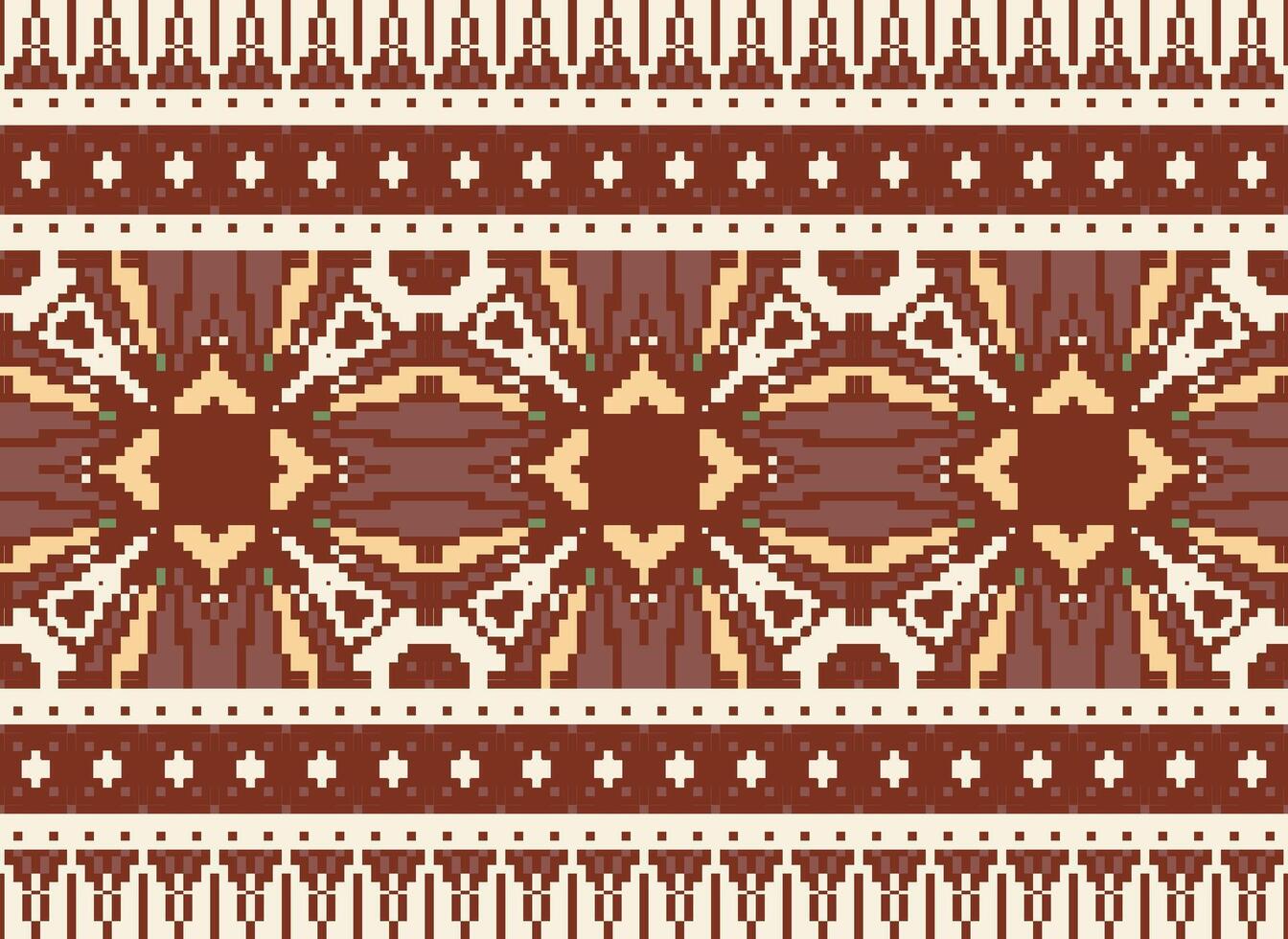 Pixel Cross Stitch Embroidery. Ethnic Patterns. Native Style. Traditional Design for texture, textile, fabric, clothing, Knitwear, print. Geometric Pixel Horizontal Seamless Vector. vector