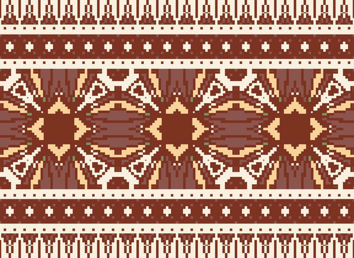 Pixel Cross Stitch Embroidery. Ethnic Patterns. Native Style. Traditional Design for texture, textile, fabric, clothing, Knitwear, print. Geometric Pixel Horizontal Seamless Vector. vector