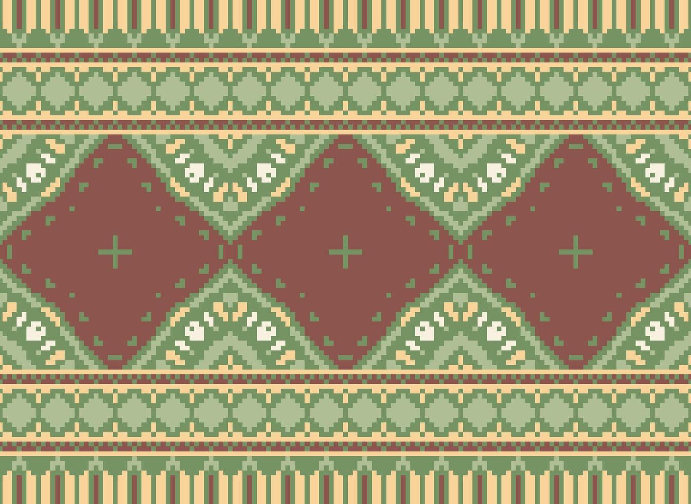 Pixel Cross Stitch Embroidery. Ethnic Patterns. Native Style. Traditional Design for texture, textile, fabric, clothing, Knitwear, print. Geometric Pixel Horizontal Seamless Vector. vector