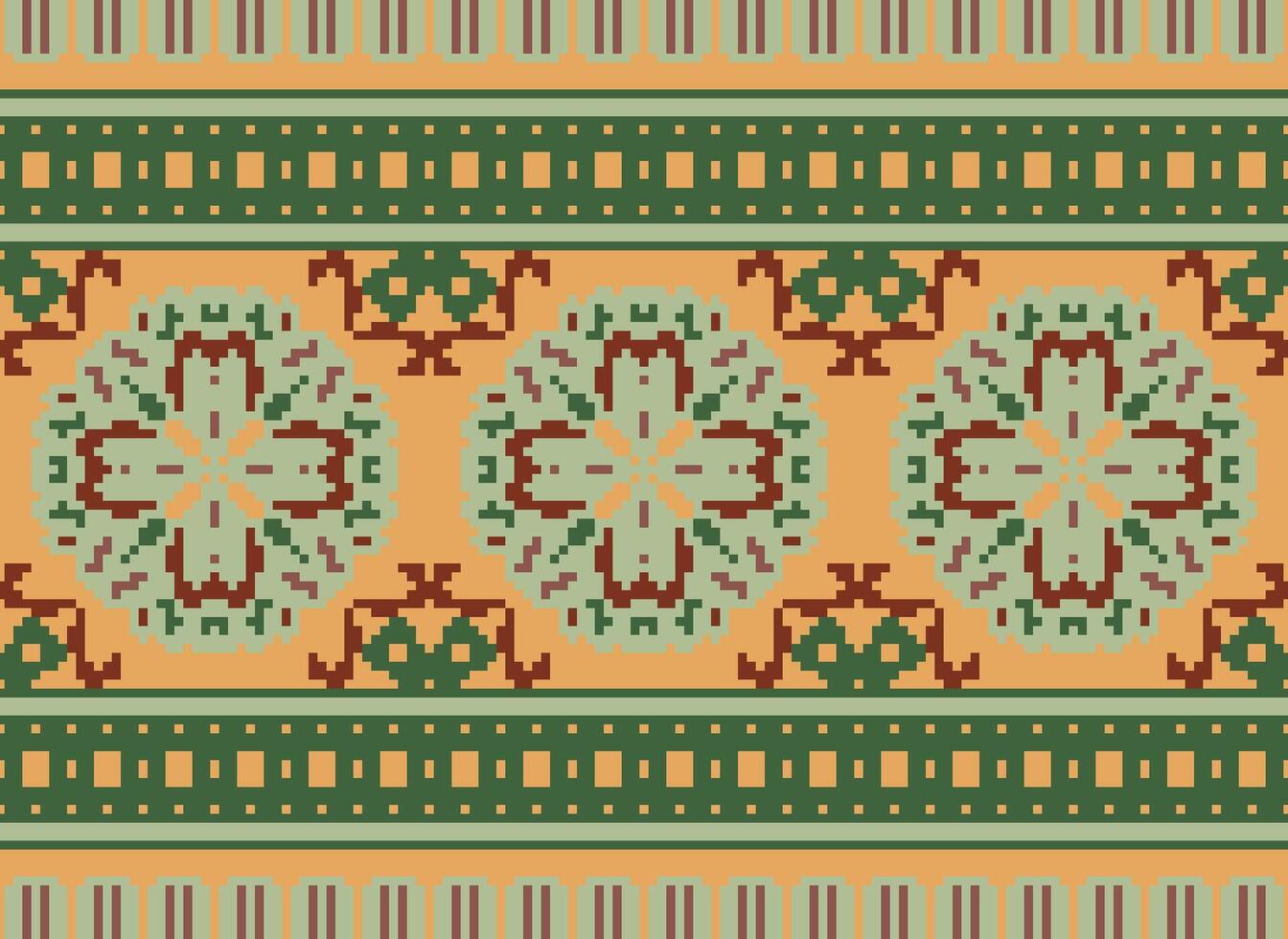 Pixel Cross Stitch Embroidery. Ethnic Patterns. Native Style. Traditional Design for texture, textile, fabric, clothing, Knitwear, print. Geometric Pixel Horizontal Seamless Vector. vector