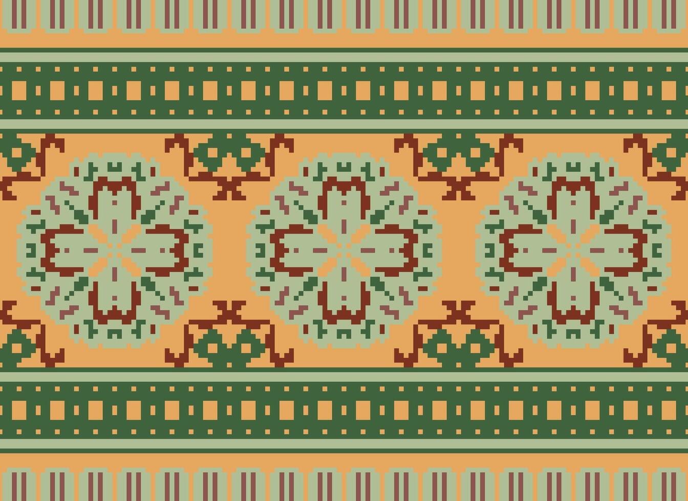 Pixel Cross Stitch Embroidery. Ethnic Patterns. Native Style. Traditional Design for texture, textile, fabric, clothing, Knitwear, print. Geometric Pixel Horizontal Seamless Vector. vector