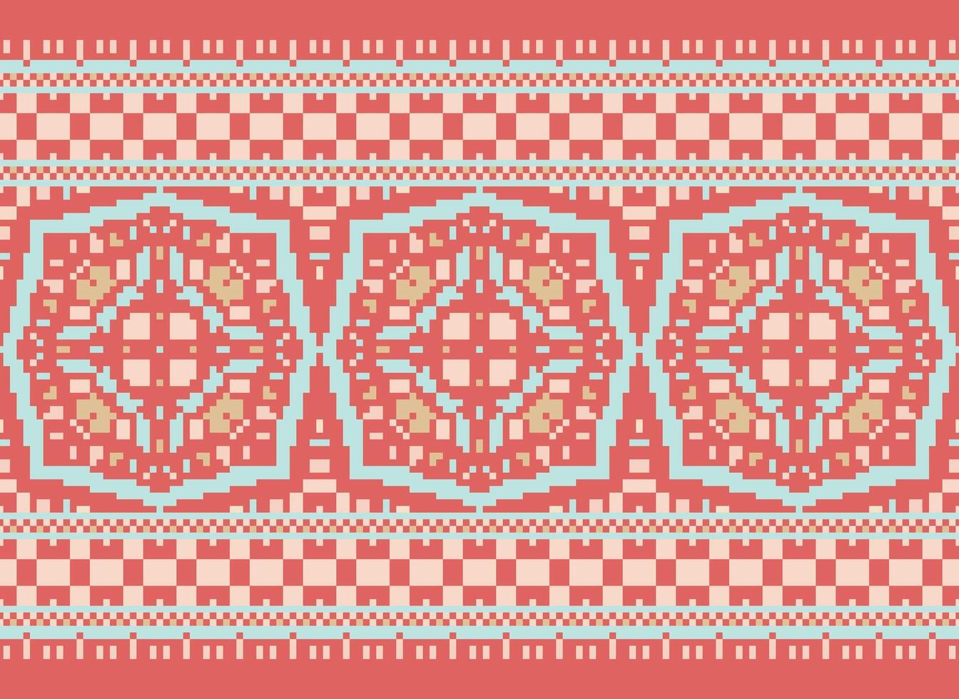 Pixel Cross Stitch Embroidery. Ethnic Patterns. Native Style. Traditional Design for texture, textile, fabric, clothing, Knitwear, print. Geometric Pixel Horizontal Seamless Vector. vector