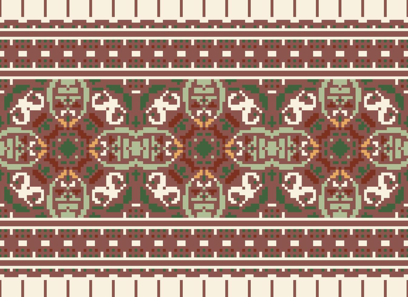 Pixel Cross Stitch Embroidery. Ethnic Patterns. Native Style. Traditional Design for texture, textile, fabric, clothing, Knitwear, print. Geometric Pixel Horizontal Seamless Vector. vector