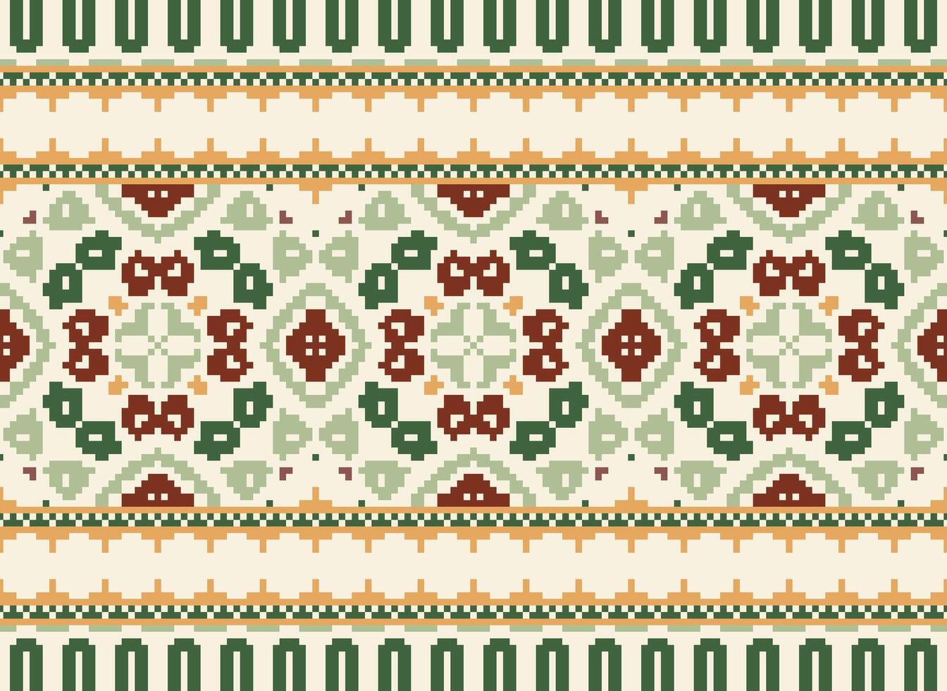 Pixel Cross Stitch Embroidery. Ethnic Patterns. Native Style. Traditional Design for texture, textile, fabric, clothing, Knitwear, print. Geometric Pixel Horizontal Seamless Vector. vector