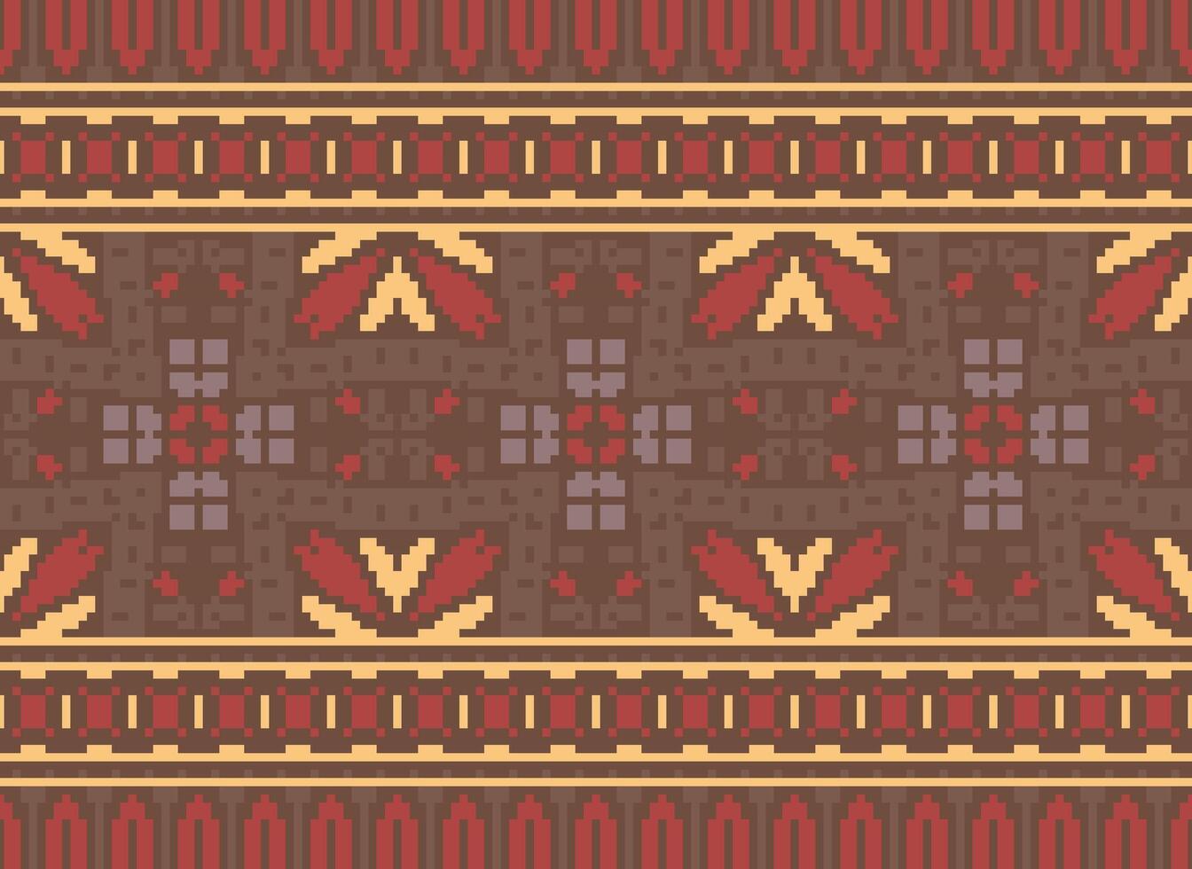 Pixel Cross Stitch Embroidery. Ethnic Patterns. Native Style. Traditional Design for texture, textile, fabric, clothing, Knitwear, print. Geometric Pixel Horizontal Seamless Vector. vector
