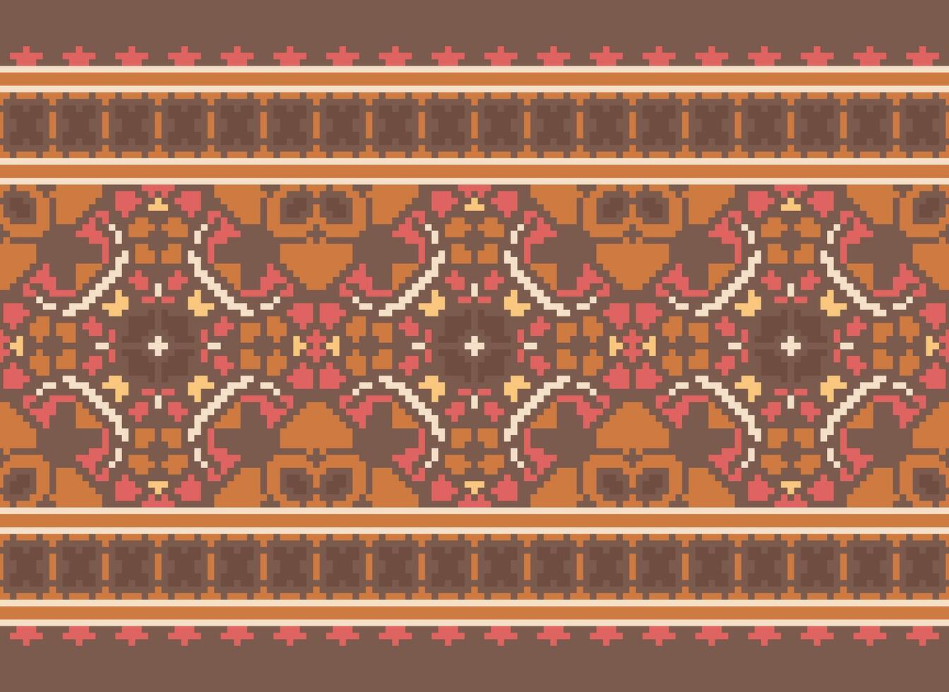 Pixel Cross Stitch Embroidery. Ethnic Patterns. Native Style. Traditional Design for texture, textile, fabric, clothing, Knitwear, print. Geometric Pixel Horizontal Seamless Vector. vector