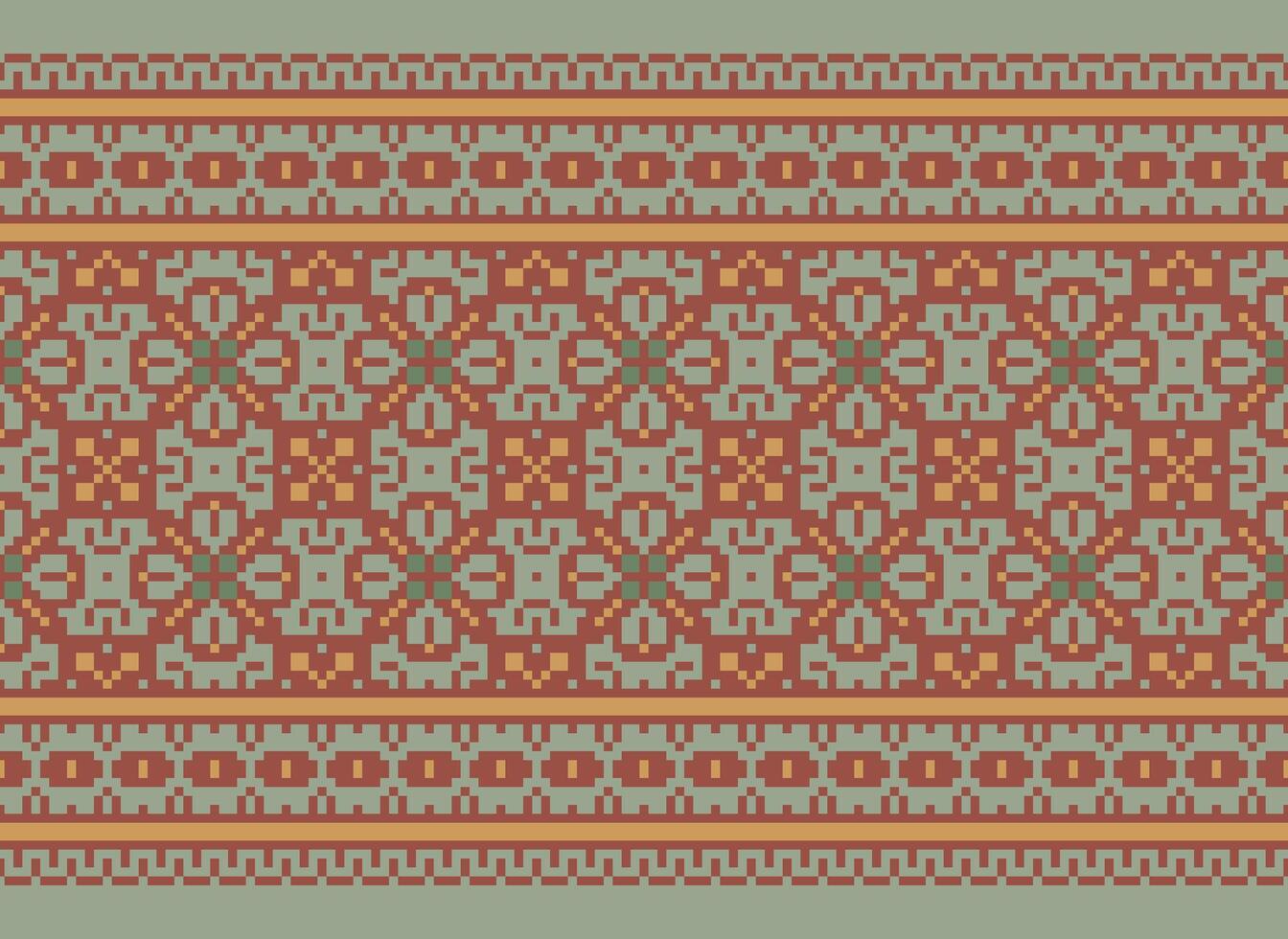 Pixel Cross Stitch Embroidery. Ethnic Patterns. Native Style. Traditional Design for texture, textile, fabric, clothing, Knitwear, print. Geometric Pixel Horizontal Seamless Vector. vector
