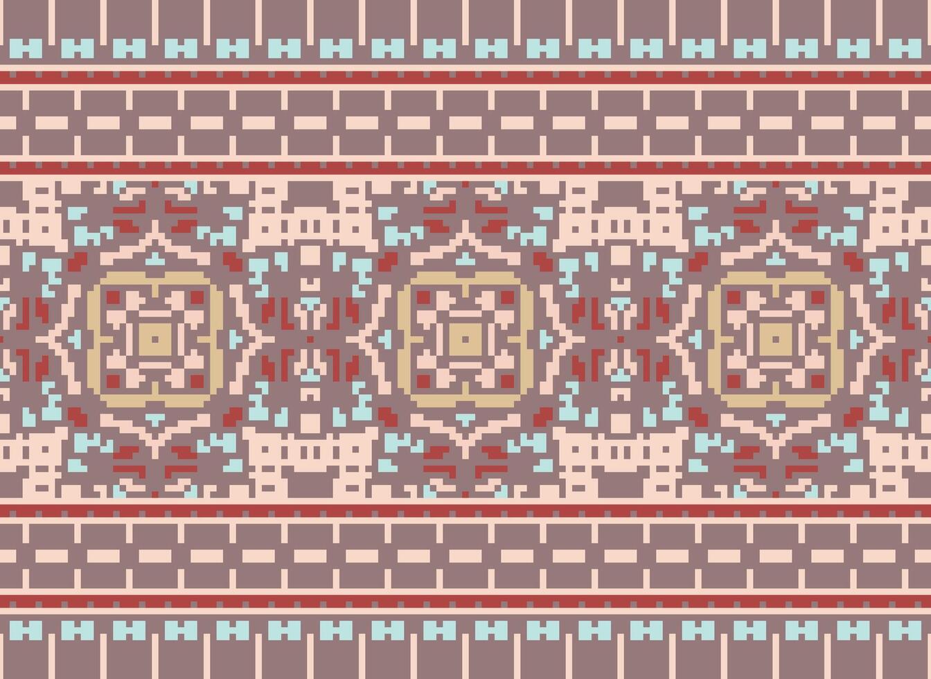 Pixel Cross Stitch Embroidery. Ethnic Patterns. Native Style. Traditional Design for texture, textile, fabric, clothing, Knitwear, print. Geometric Pixel Horizontal Seamless Vector. vector
