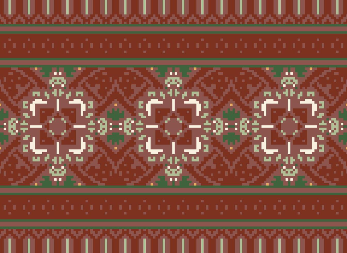 Pixel Cross Stitch Embroidery. Ethnic Patterns. Native Style. Traditional Design for texture, textile, fabric, clothing, Knitwear, print. Geometric Pixel Horizontal Seamless Vector. vector