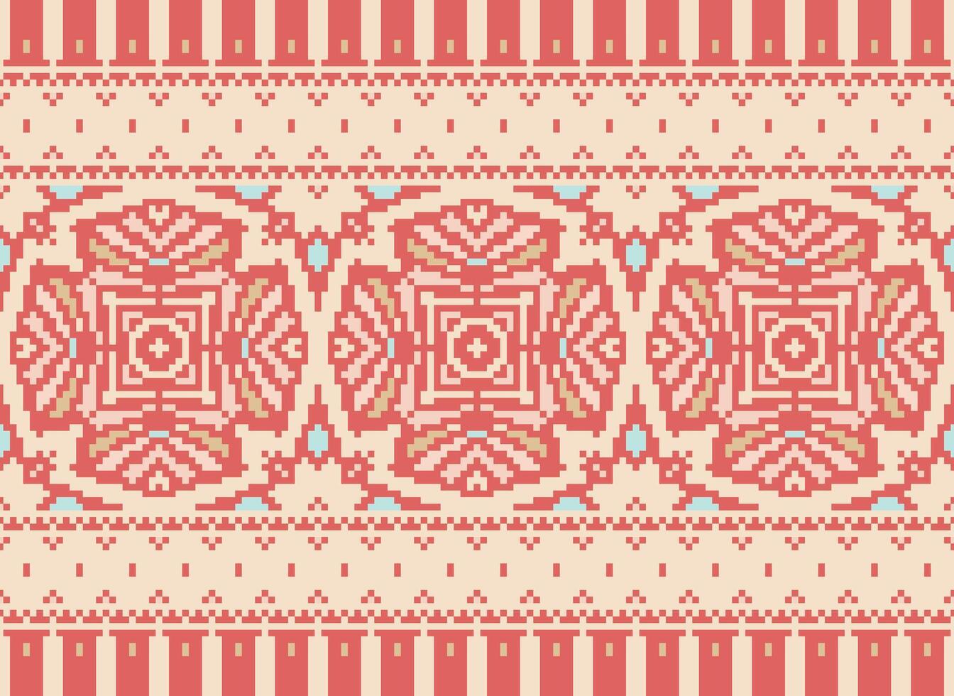 Pixel Cross Stitch Embroidery. Ethnic Patterns. Native Style. Traditional Design for texture, textile, fabric, clothing, Knitwear, print. Geometric Pixel Horizontal Seamless Vector. vector