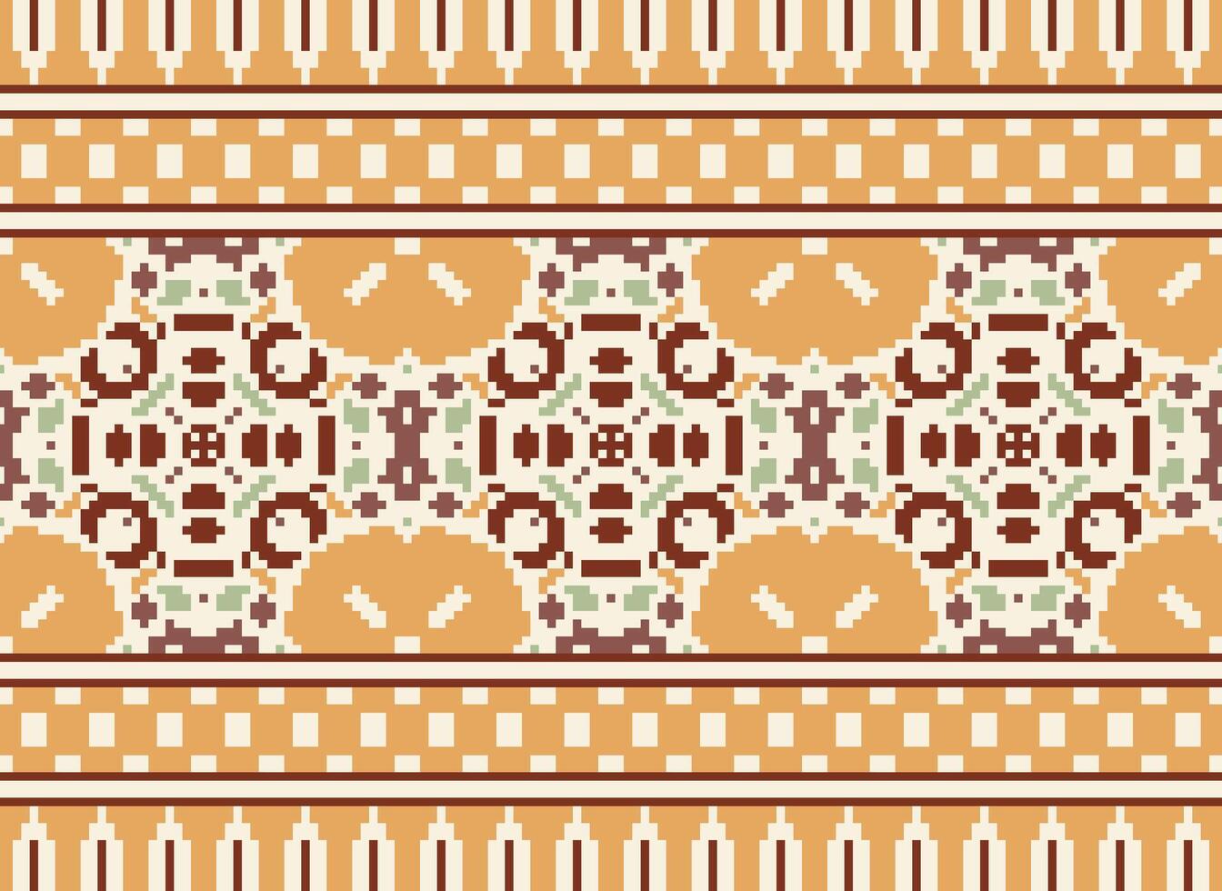 Pixel Cross Stitch Embroidery. Ethnic Patterns. Native Style. Traditional Design for texture, textile, fabric, clothing, Knitwear, print. Geometric Pixel Horizontal Seamless Vector. vector