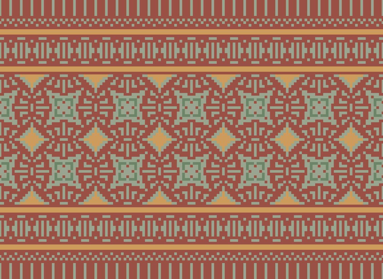 Pixel Cross Stitch Embroidery. Ethnic Patterns. Native Style. Traditional Design for texture, textile, fabric, clothing, Knitwear, print. Geometric Pixel Horizontal Seamless Vector. vector