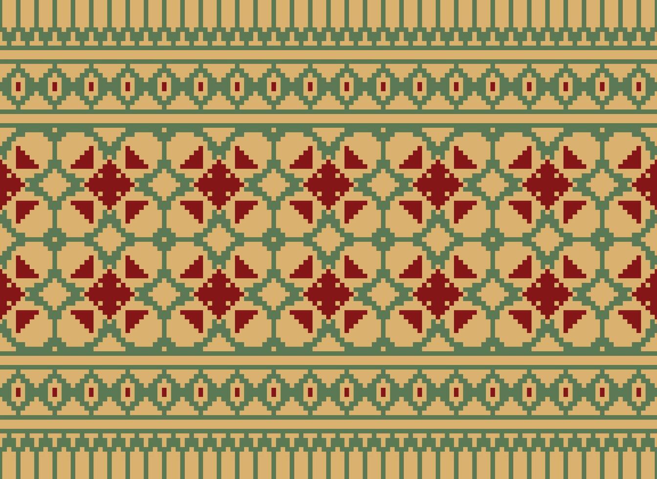 Pixel Cross Stitch Embroidery. Ethnic Patterns. Native Style. Traditional Design for texture, textile, fabric, clothing, Knitwear, print. Geometric Pixel Horizontal Seamless Vector. vector