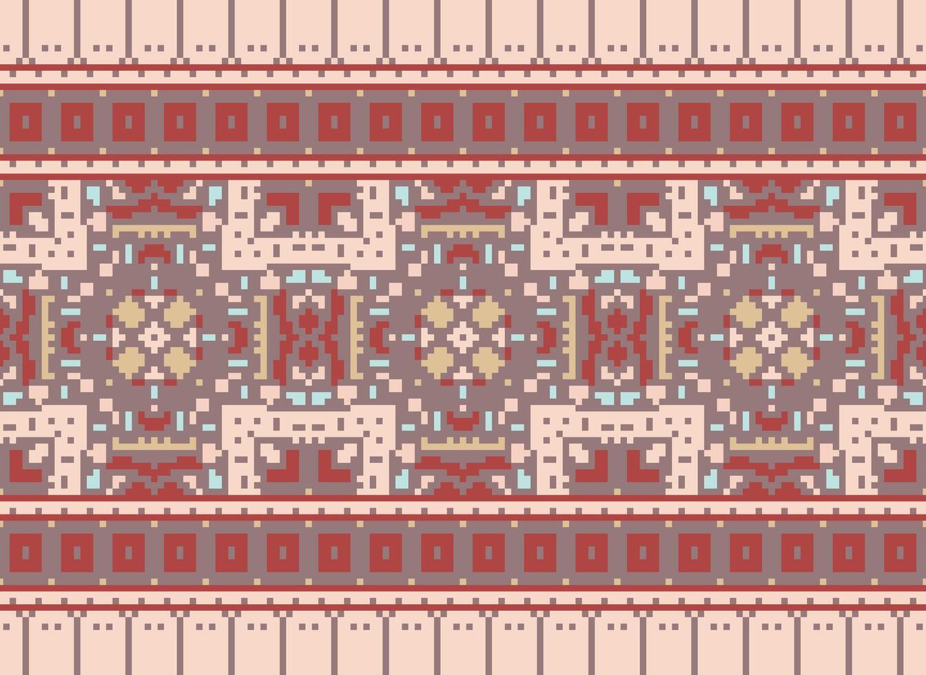 Pixel Cross Stitch Embroidery. Ethnic Patterns. Native Style. Traditional Design for texture, textile, fabric, clothing, Knitwear, print. Geometric Pixel Horizontal Seamless Vector. vector