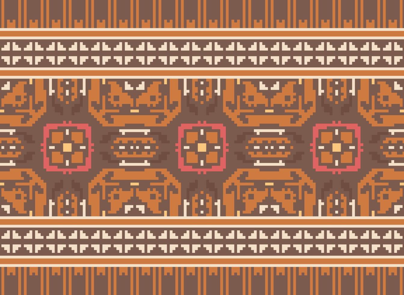 Pixel Cross Stitch Embroidery. Ethnic Patterns. Native Style. Traditional Design for texture, textile, fabric, clothing, Knitwear, print. Geometric Pixel Horizontal Seamless Vector. vector