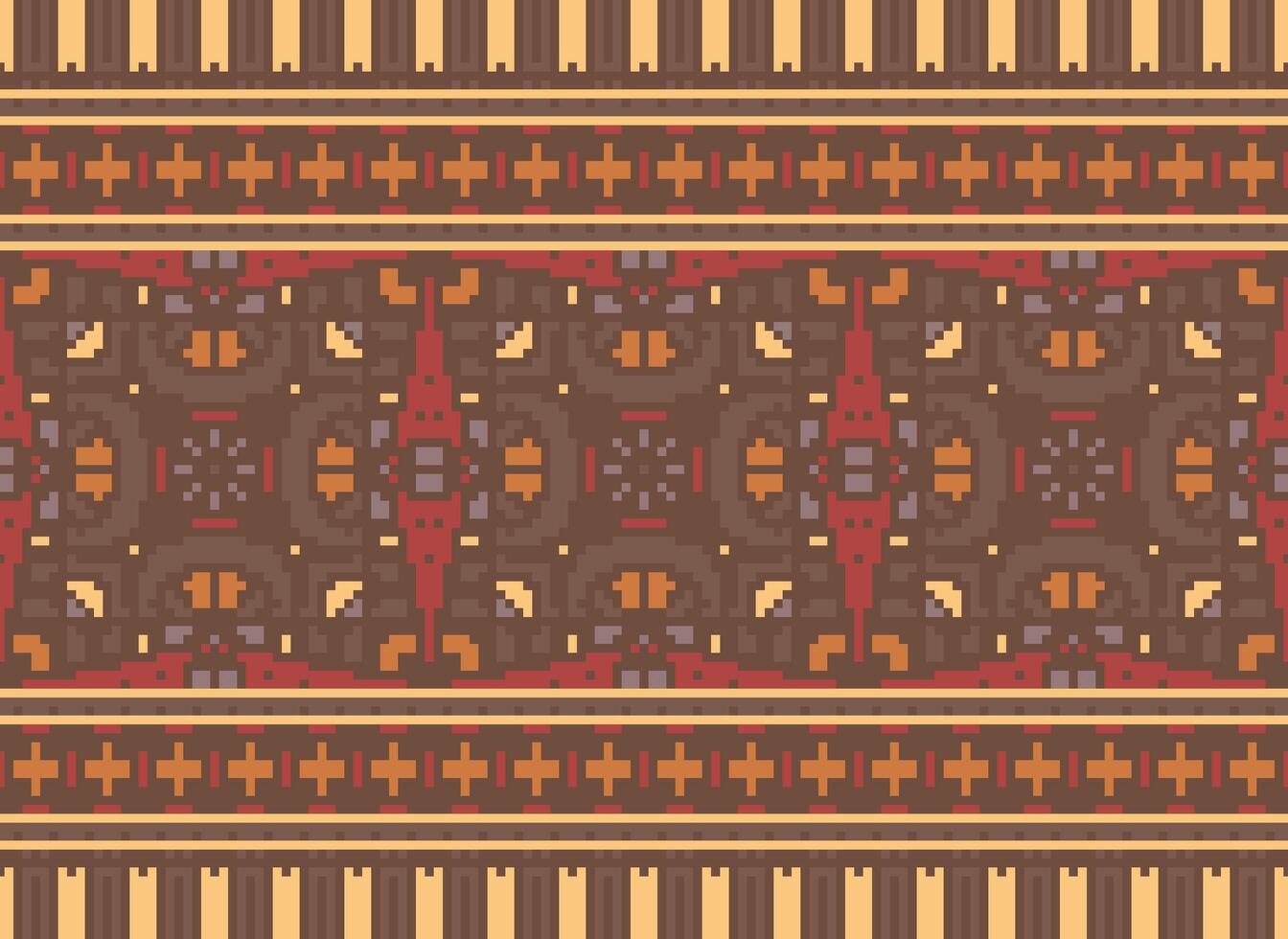 Pixel Cross Stitch Embroidery. Ethnic Patterns. Native Style. Traditional Design for texture, textile, fabric, clothing, Knitwear, print. Geometric Pixel Horizontal Seamless Vector. vector
