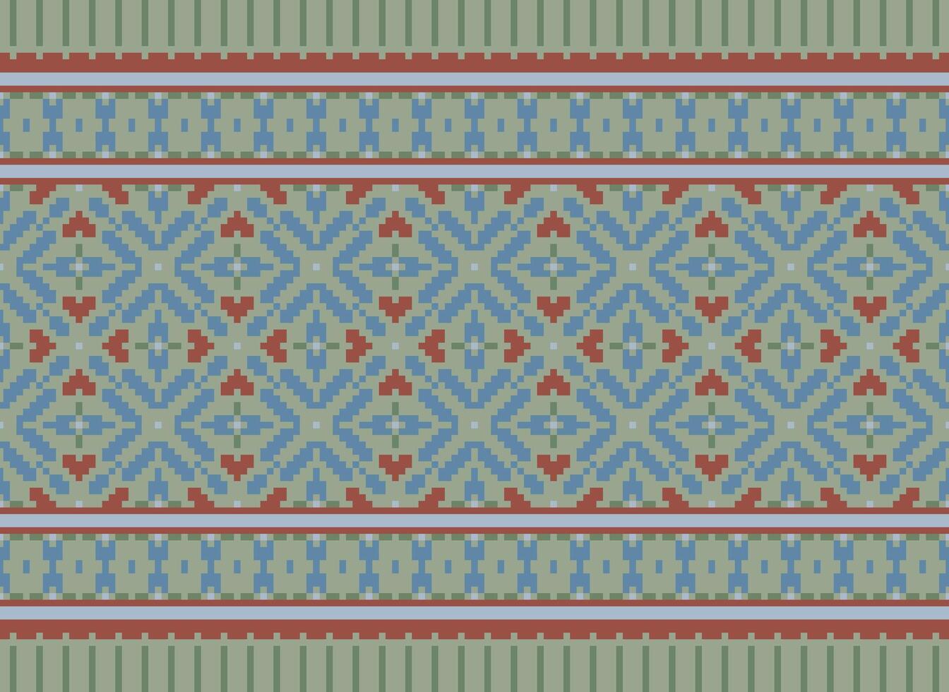 Pixel Cross Stitch Embroidery. Ethnic Patterns. Native Style. Traditional Design for texture, textile, fabric, clothing, Knitwear, print. Geometric Pixel Horizontal Seamless Vector. vector