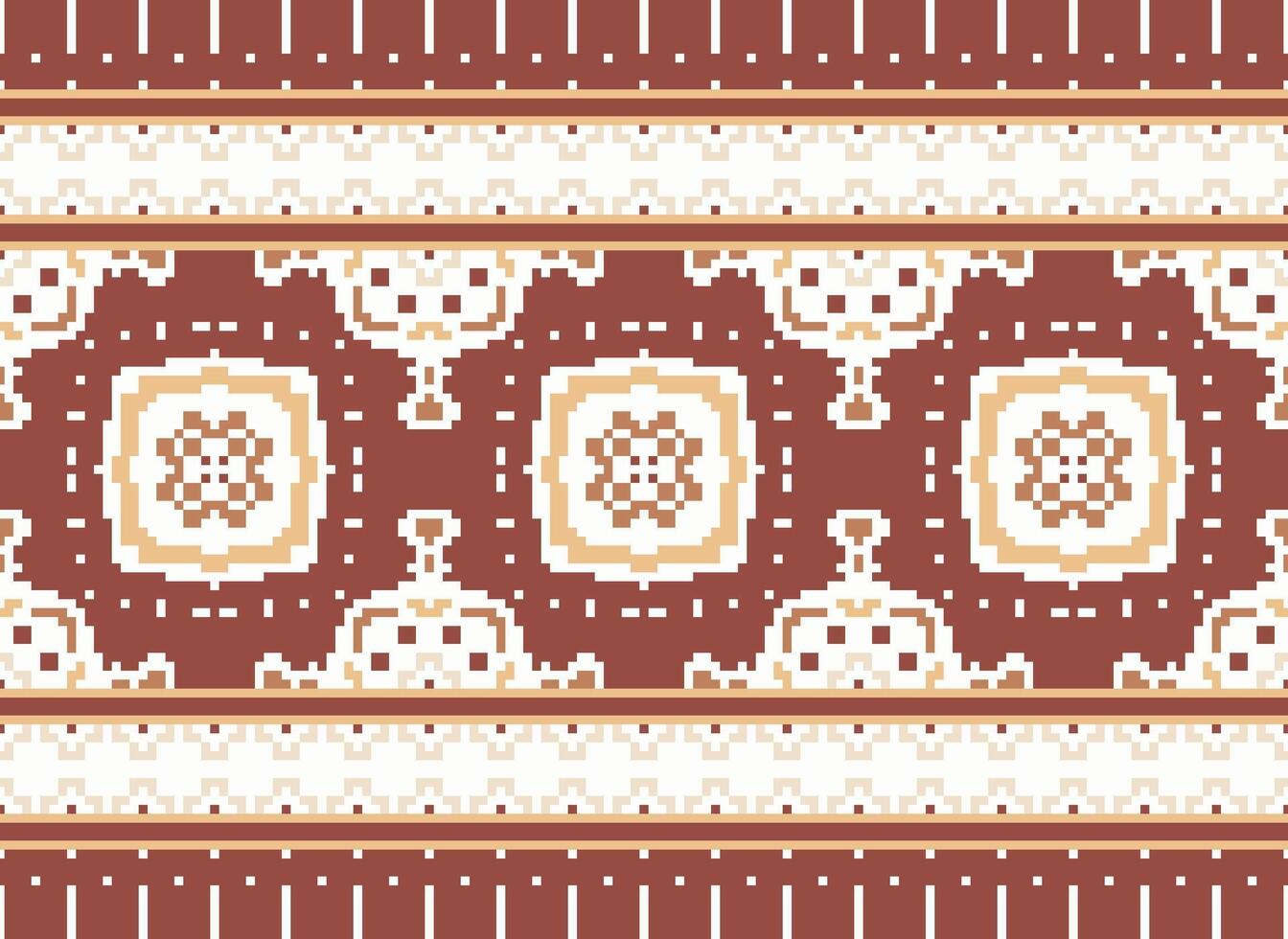 Pixel Cross Stitch Embroidery. Ethnic Patterns. Native Style. Traditional Design for texture, textile, fabric, clothing, Knitwear, print. Geometric Pixel Horizontal Seamless Vector. vector