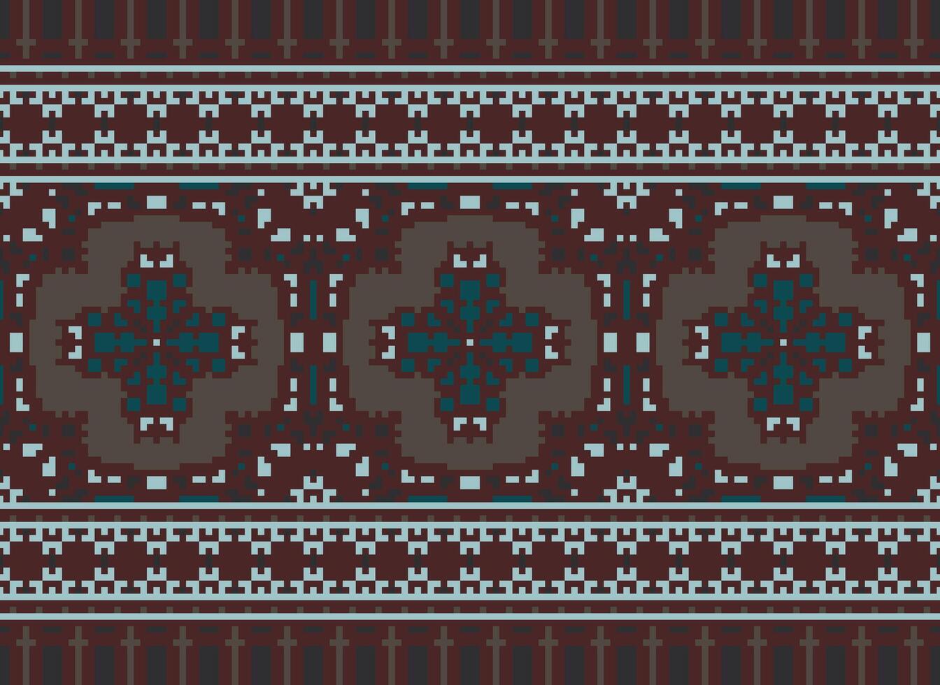 Pixel Cross Stitch Embroidery. Ethnic Patterns. Native Style. Traditional Design for texture, textile, fabric, clothing, Knitwear, print. Geometric Pixel Horizontal Seamless Vector. vector