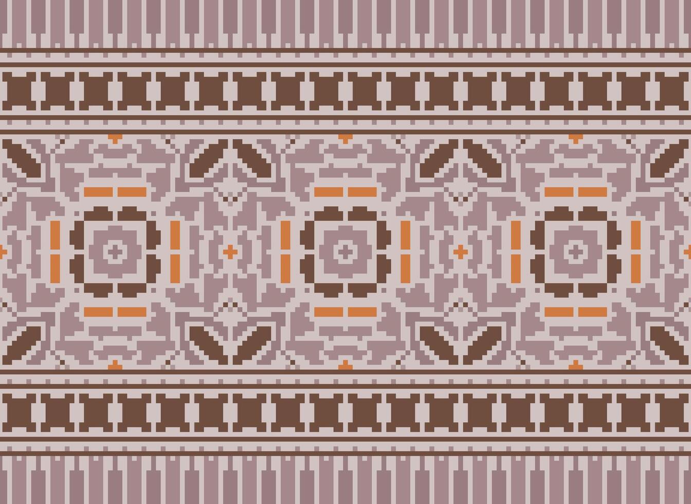 Pixel Cross Stitch Embroidery. Ethnic Patterns. Native Style. Traditional Design for texture, textile, fabric, clothing, Knitwear, print. Geometric Pixel Horizontal Seamless Vector. vector