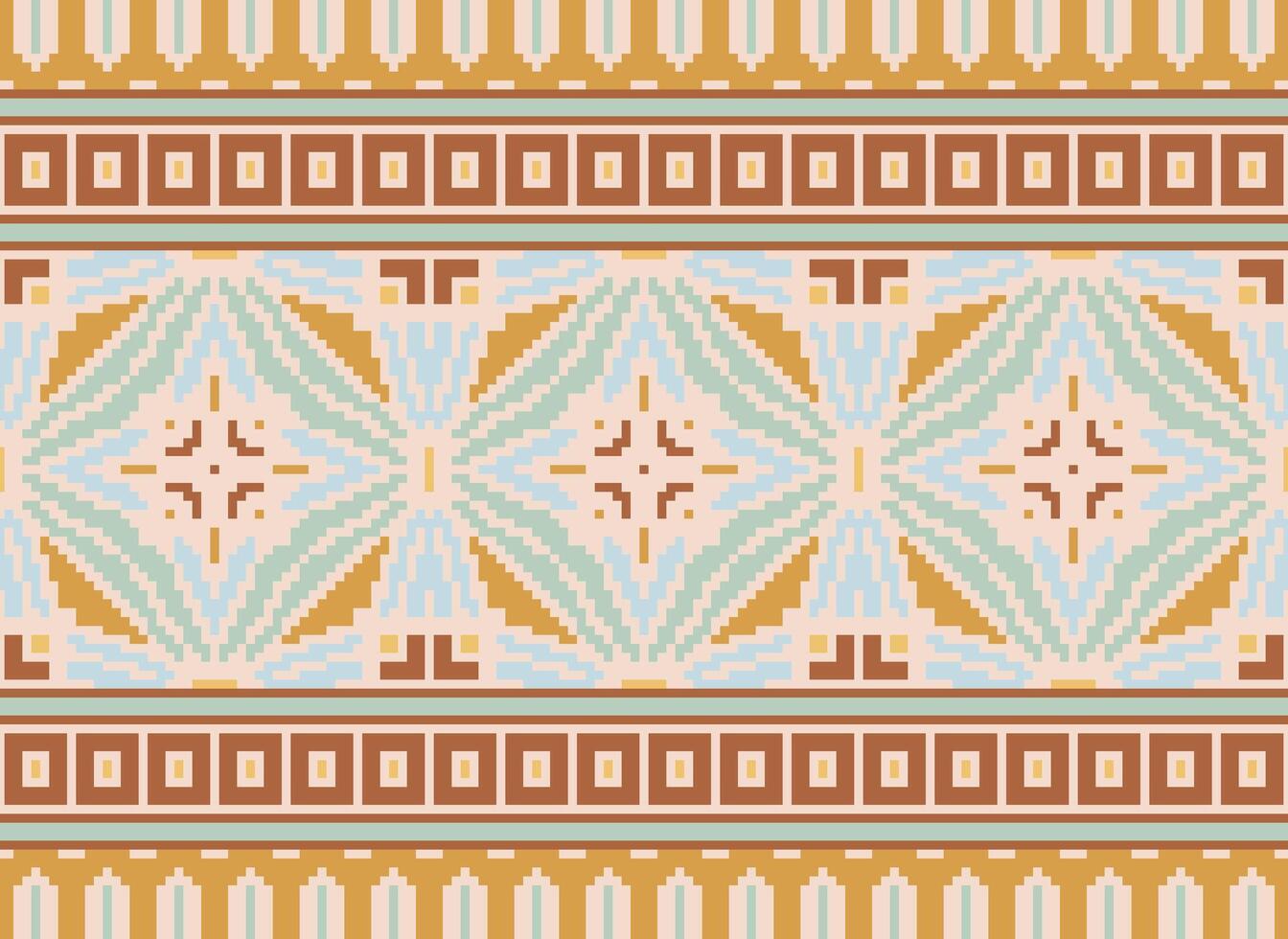 Pixel Cross Stitch Embroidery. Ethnic Patterns. Native Style. Traditional Design for texture, textile, fabric, clothing, Knitwear, print. Geometric Pixel Horizontal Seamless Vector. vector