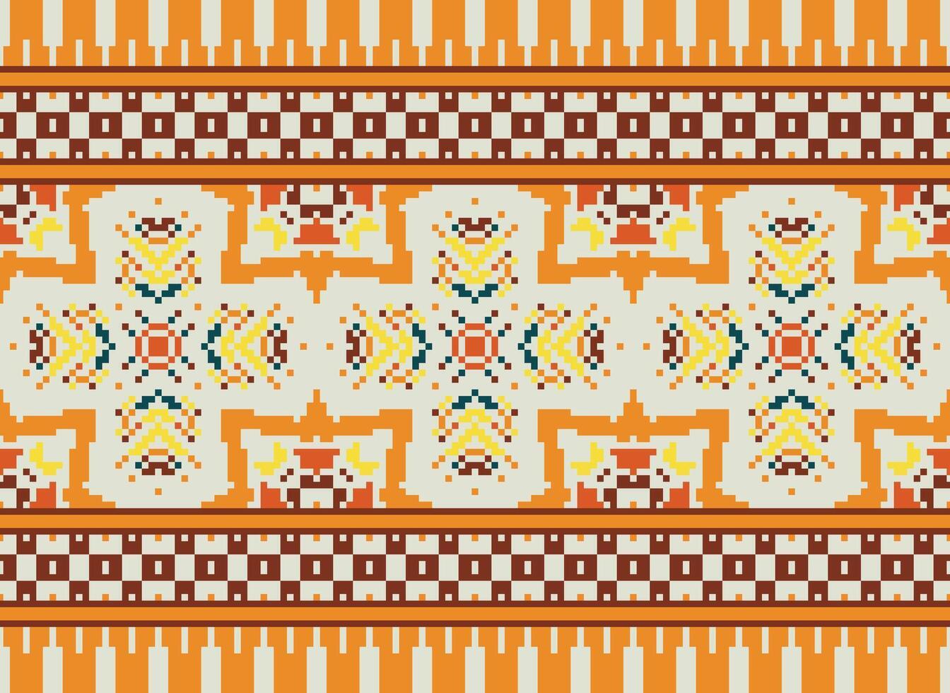 Pixel Cross Stitch Embroidery. Ethnic Patterns. Native Style. Traditional Design for texture, textile, fabric, clothing, Knitwear, print. Geometric Pixel Horizontal Seamless Vector. vector