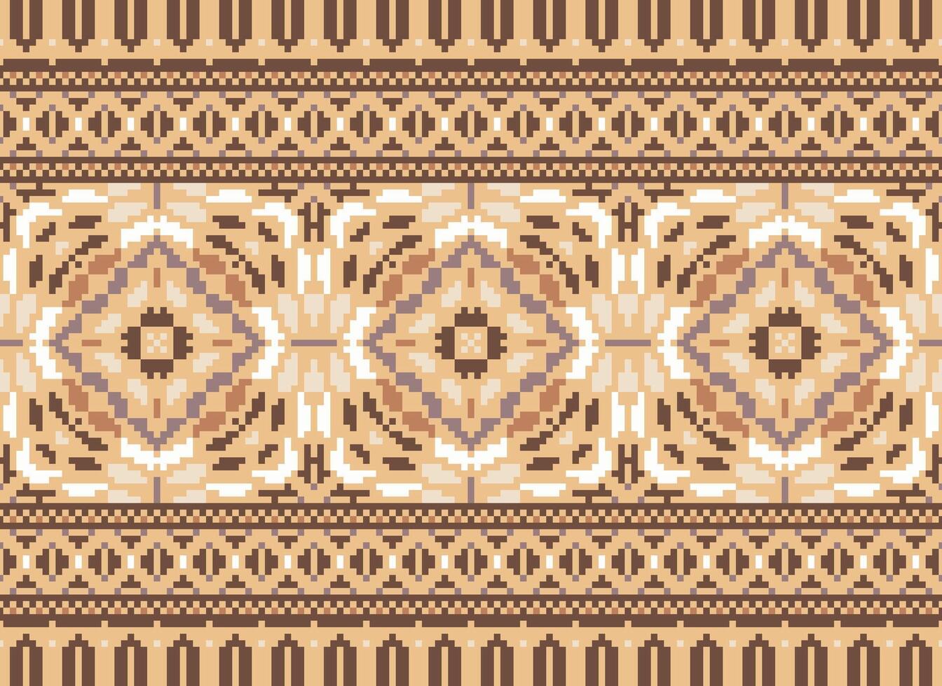 Pixel Cross Stitch Embroidery. Ethnic Patterns. Native Style. Traditional Design for texture, textile, fabric, clothing, Knitwear, print. Geometric Pixel Horizontal Seamless Vector. vector