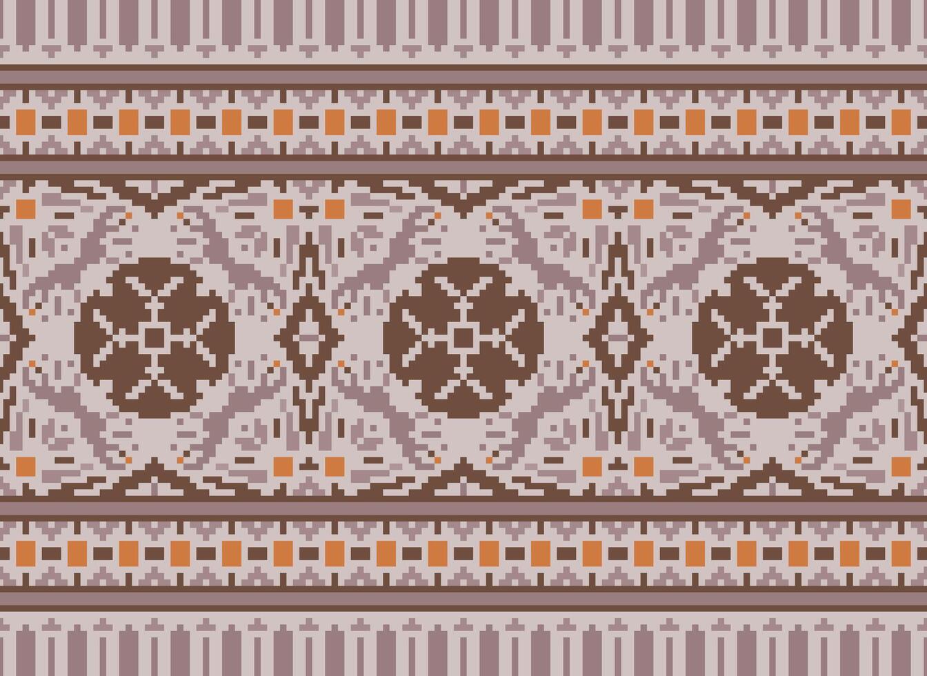 Pixel Cross Stitch Embroidery. Ethnic Patterns. Native Style. Traditional Design for texture, textile, fabric, clothing, Knitwear, print. Geometric Pixel Horizontal Seamless Vector. vector