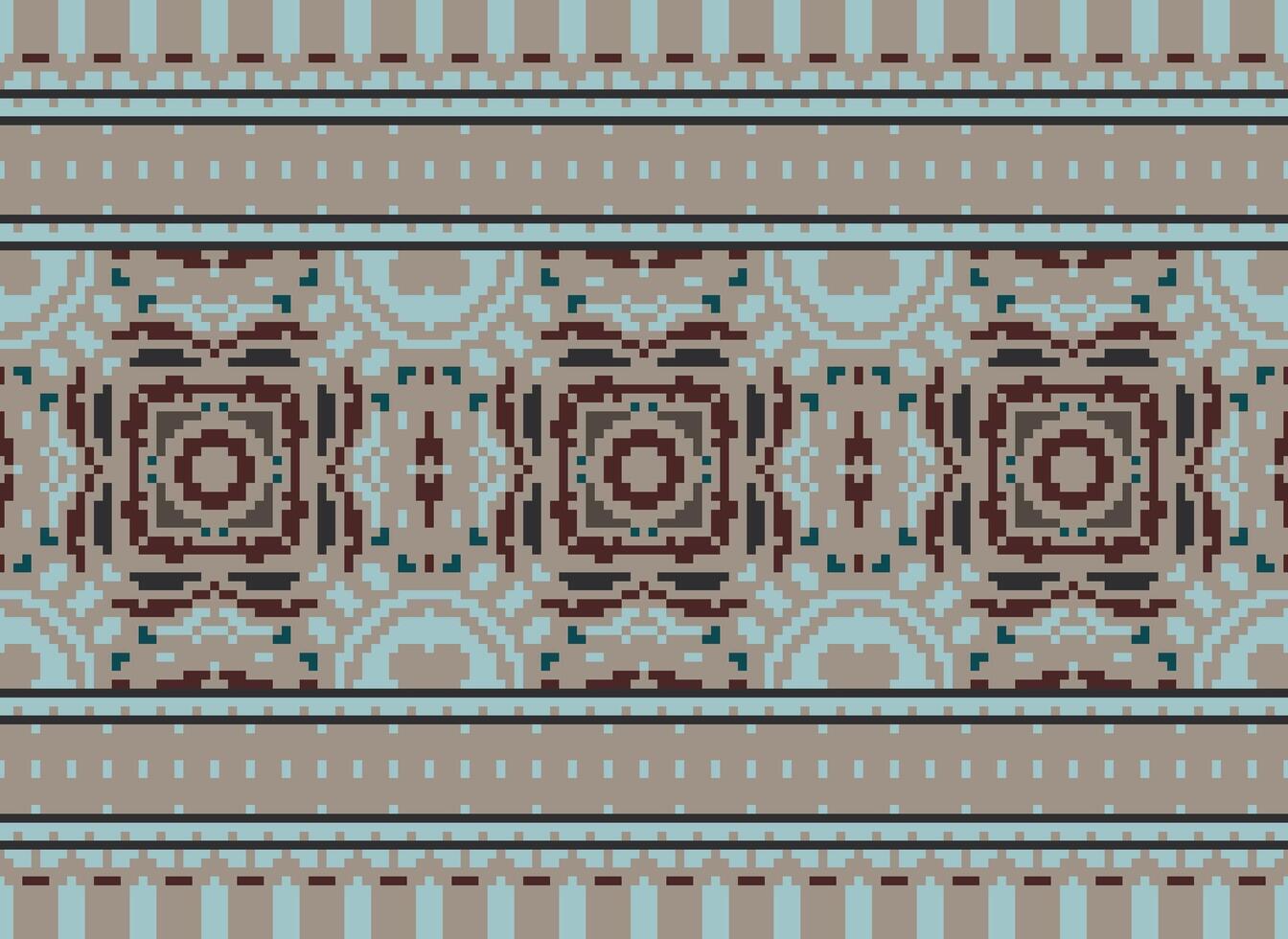 Pixel Cross Stitch Embroidery. Ethnic Patterns. Native Style. Traditional Design for texture, textile, fabric, clothing, Knitwear, print. Geometric Pixel Horizontal Seamless Vector. vector