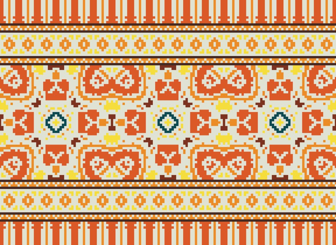 Pixel Cross Stitch Embroidery. Ethnic Patterns. Native Style. Traditional Design for texture, textile, fabric, clothing, Knitwear, print. Geometric Pixel Horizontal Seamless Vector. vector