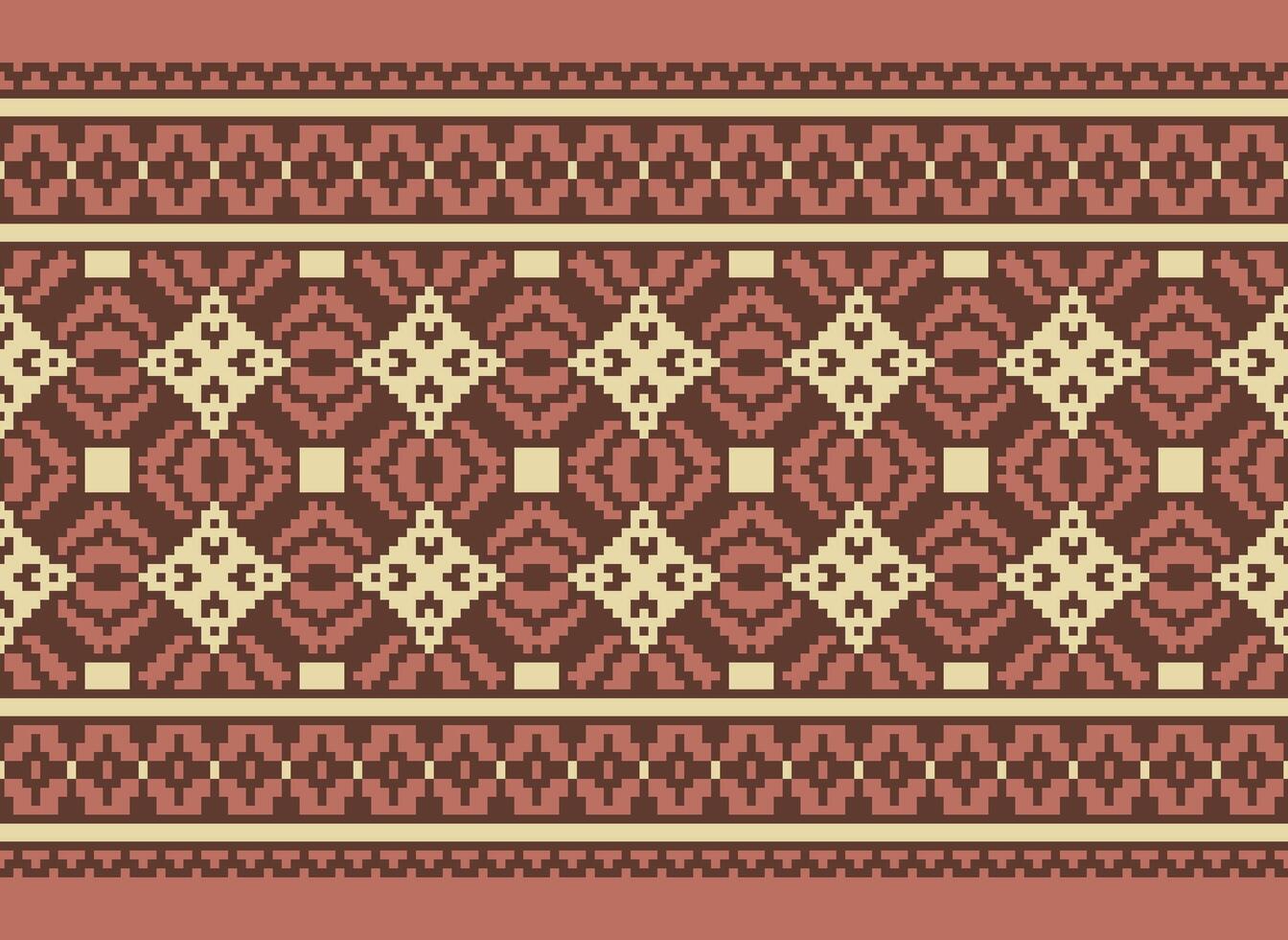 Pixel Cross Stitch Embroidery. Ethnic Patterns. Native Style. Traditional Design for texture, textile, fabric, clothing, Knitwear, print. Geometric Pixel Horizontal Seamless Vector. vector