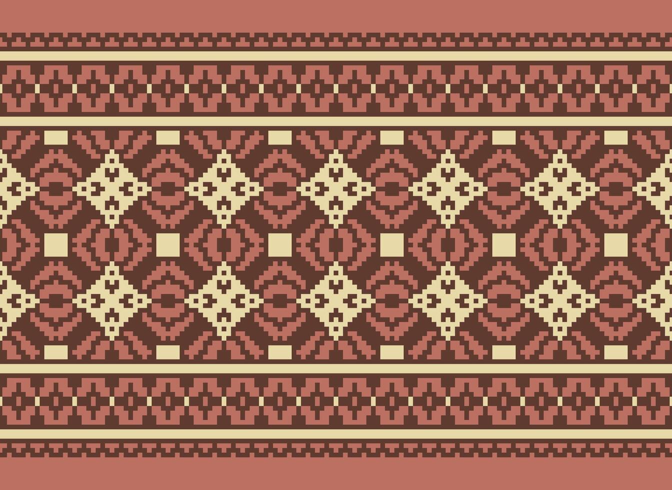 Pixel Cross Stitch Embroidery. Ethnic Patterns. Native Style. Traditional Design for texture, textile, fabric, clothing, Knitwear, print. Geometric Pixel Horizontal Seamless Vector. vector