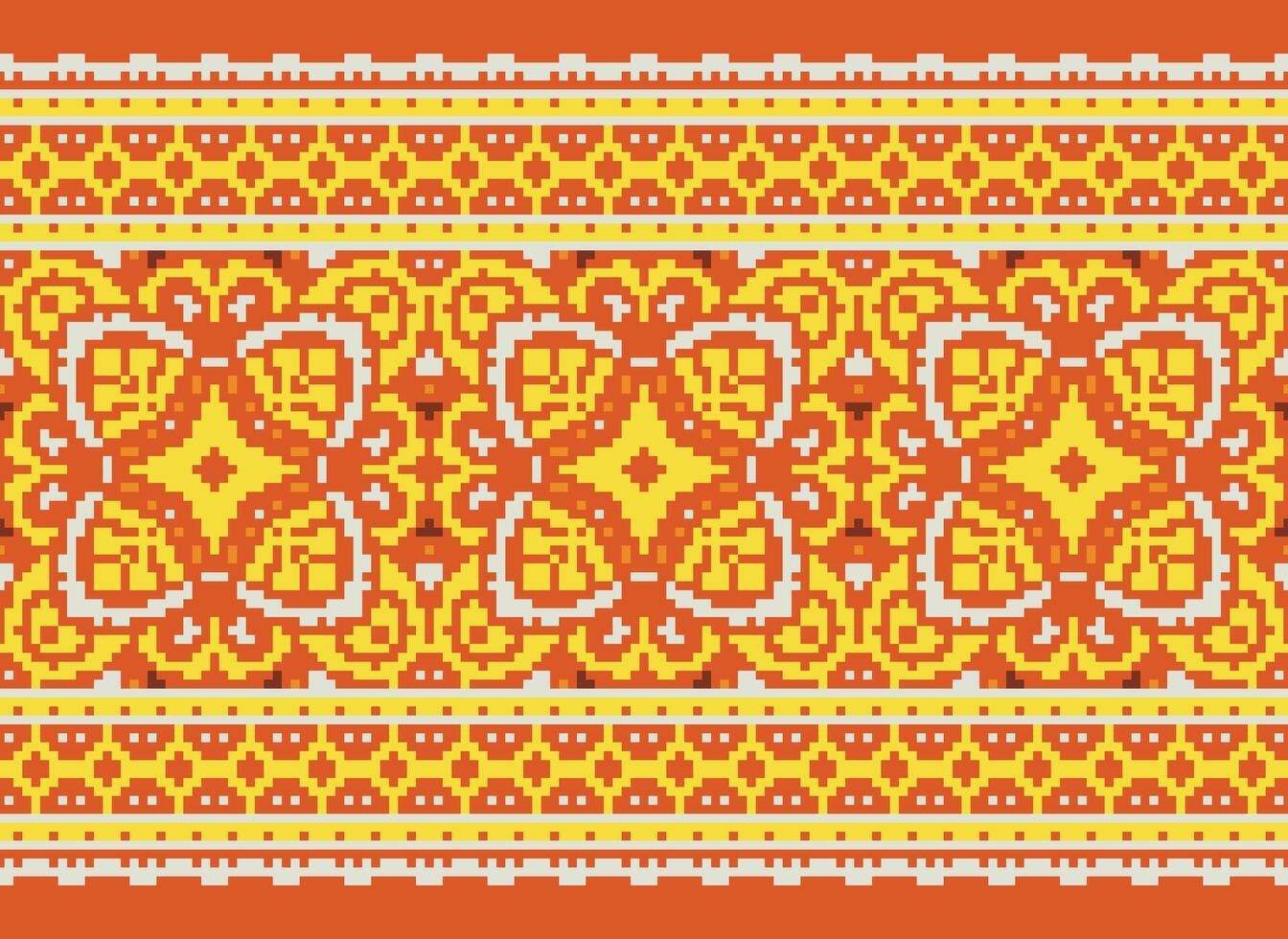 Pixel Cross Stitch Embroidery. Ethnic Patterns. Native Style. Traditional Design for texture, textile, fabric, clothing, Knitwear, print. Geometric Pixel Horizontal Seamless Vector. vector