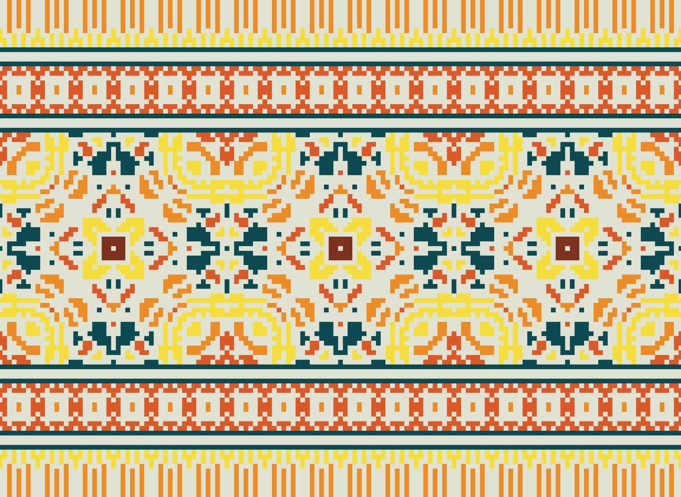 Pixel Cross Stitch Embroidery. Ethnic Patterns. Native Style. Traditional Design for texture, textile, fabric, clothing, Knitwear, print. Geometric Pixel Horizontal Seamless Vector. vector