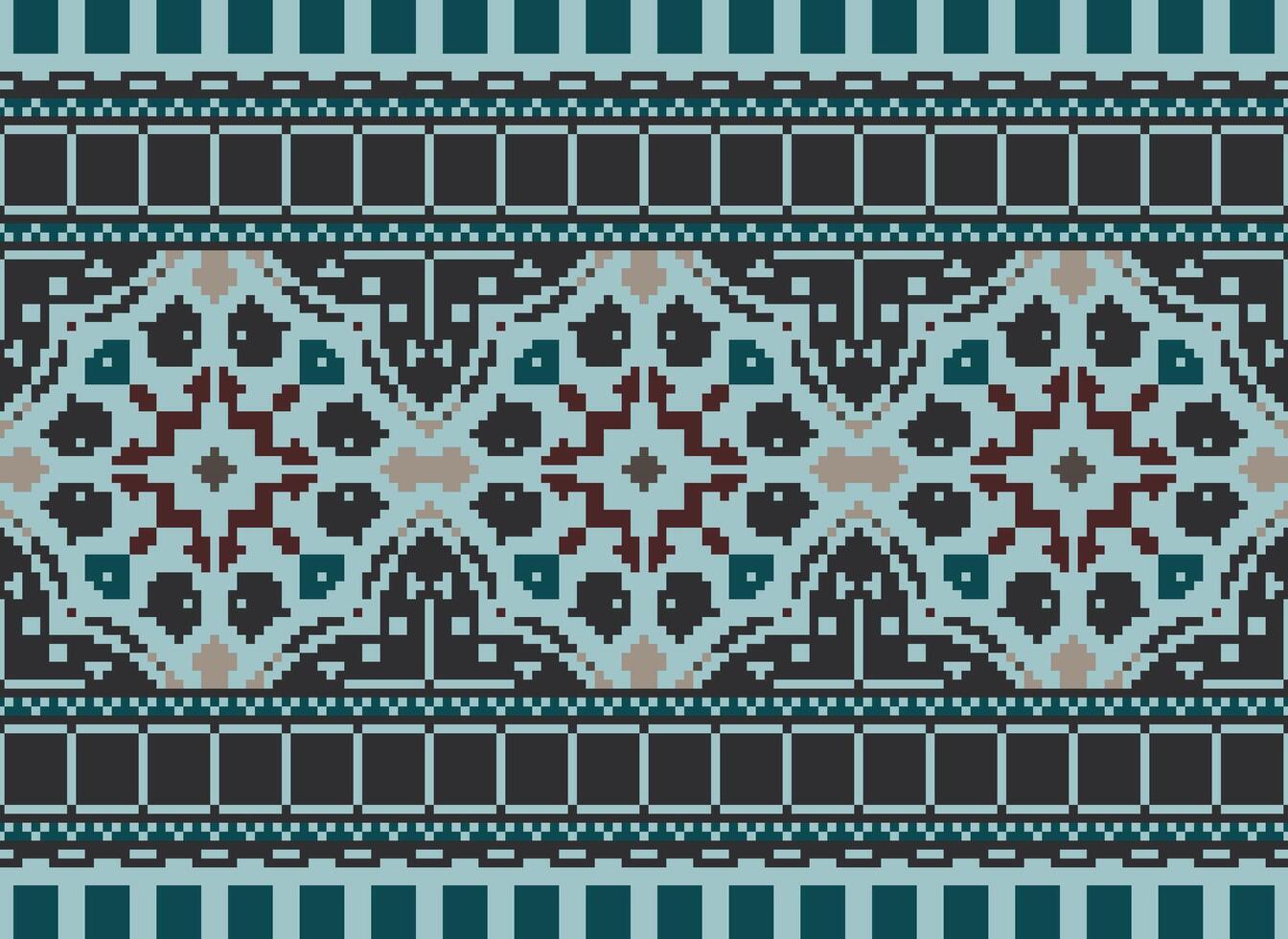 Pixel Cross Stitch Embroidery. Ethnic Patterns. Native Style. Traditional Design for texture, textile, fabric, clothing, Knitwear, print. Geometric Pixel Horizontal Seamless Vector. vector