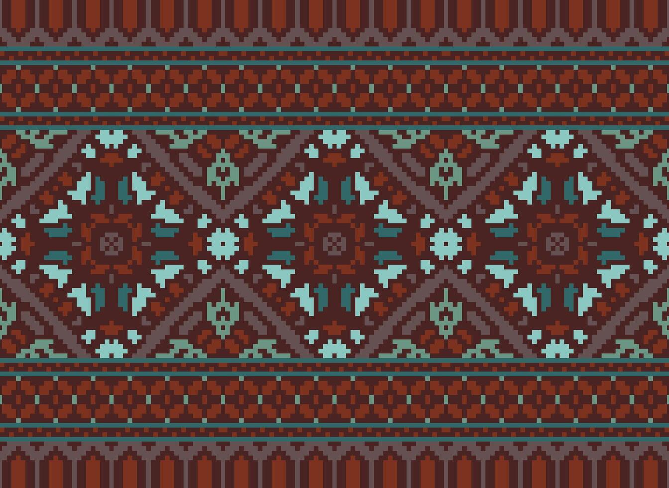 Pixel Cross Stitch Embroidery. Ethnic Patterns. Native Style. Traditional Design for texture, textile, fabric, clothing, Knitwear, print. Geometric Pixel Horizontal Seamless Vector. vector