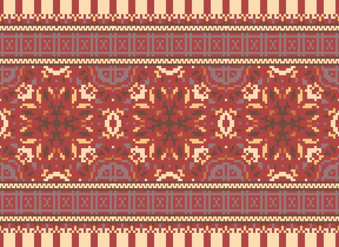 Pixel Cross Stitch Embroidery. Ethnic Patterns. Native Style. Traditional Design for texture, textile, fabric, clothing, Knitwear, print. Geometric Pixel Horizontal Seamless Vector. vector