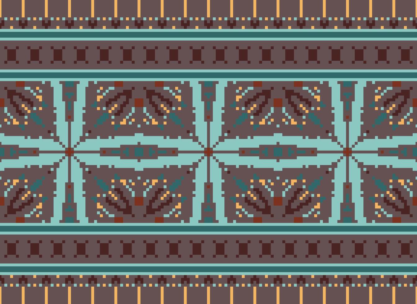 Pixel Cross Stitch Embroidery. Ethnic Patterns. Native Style. Traditional Design for texture, textile, fabric, clothing, Knitwear, print. Geometric Pixel Horizontal Seamless Vector. vector