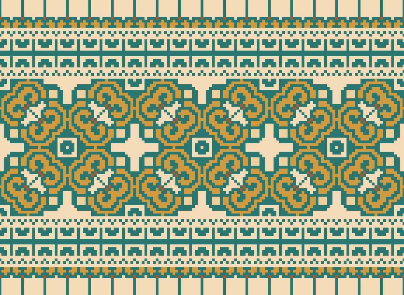 Cross Stitch Border. Embroidery Cross Stitch. Ethnic Patterns. Geometric Ethnic Indian pattern. Native Ethnic pattern.Texture Textile Fabric Clothing Knitwear print. Pixel Horizontal Seamless Vector. vector