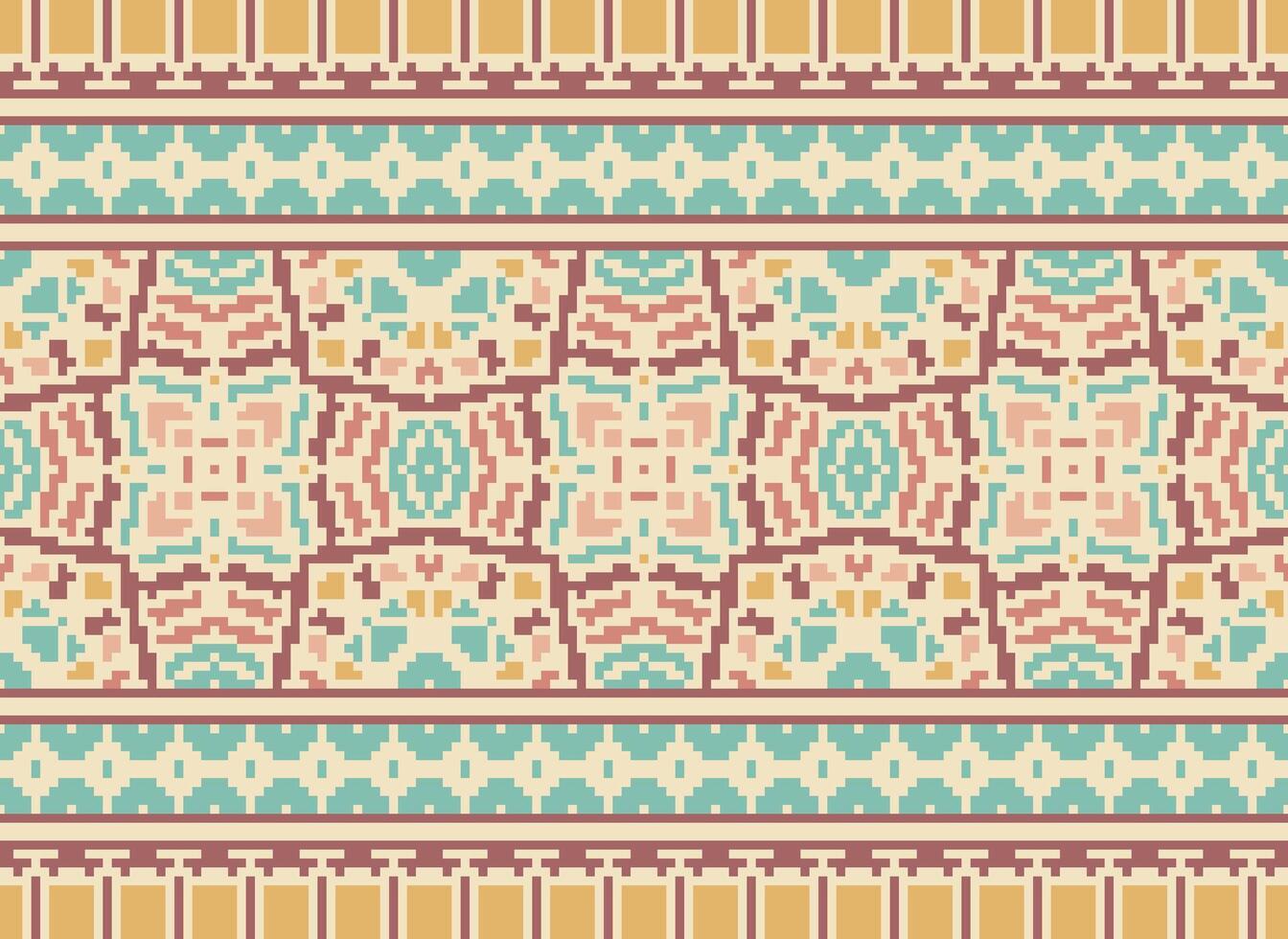 Cross Stitch Border. Embroidery Cross Stitch. Ethnic Patterns. Geometric Ethnic Indian pattern. Native Ethnic pattern.Texture Textile Fabric Clothing Knitwear print. Pixel Horizontal Seamless Vector. vector