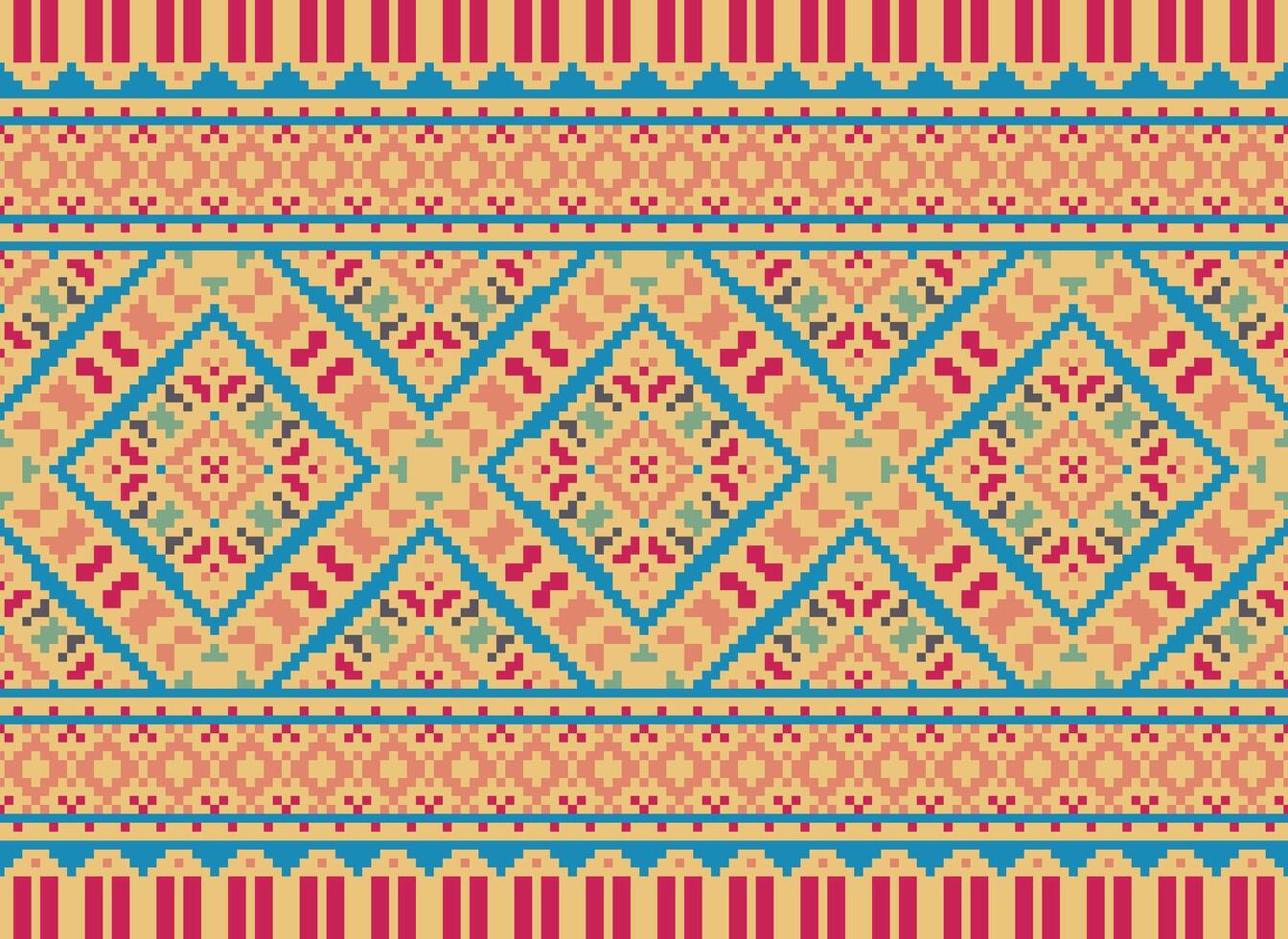 Vintages Cross Stitch Traditional Ethnic Pattern Paisley Flower Ikat Background Abstract Aztec African Indonesian Indian Seamless Pattern for Fabric Print Cloth Dress Carpet Curtains and Sarong vector