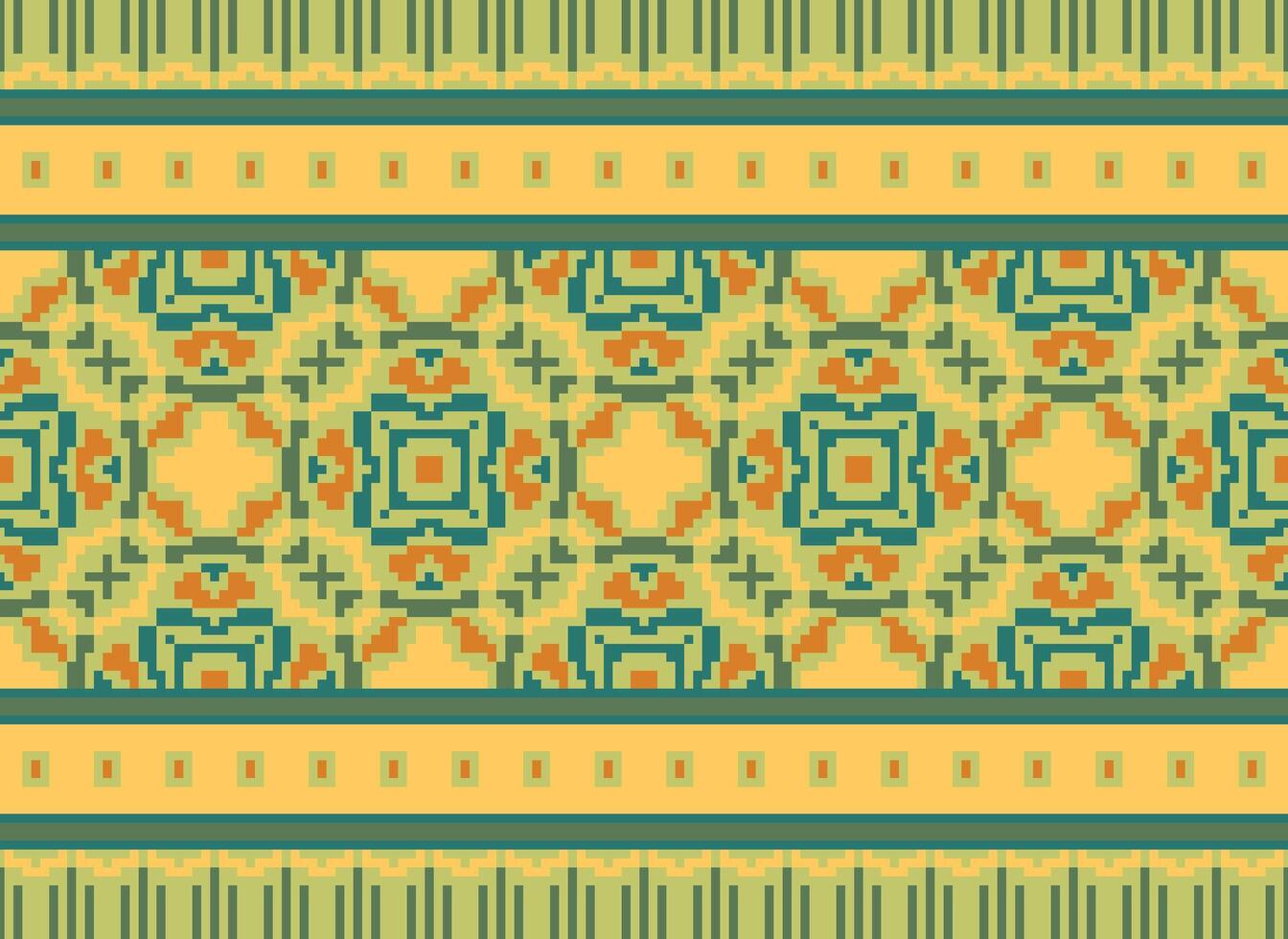 Pixel Vintages Cross Stitch Traditional Ethnic Pattern Paisley Flower Ikat Background Abstract Aztec African Indonesian Indian Seamless Pattern for Fabric Print Cloth Dress Carpet Curtains and Sarong vector