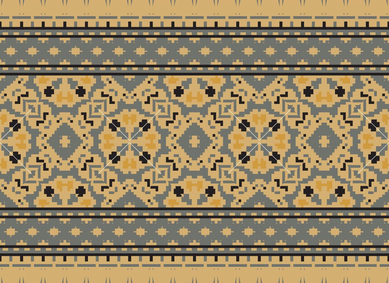 Pixel Vintages Cross Stitch Traditional Ethnic Pattern Paisley Flower Ikat Background Abstract Aztec African Indonesian Indian Seamless Pattern for Fabric Print Cloth Dress Carpet Curtains and Sarong vector