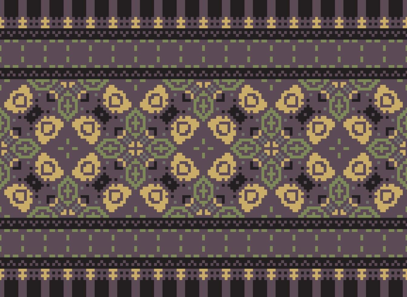 Pixel Vintages Cross Stitch Traditional Ethnic Pattern Paisley Flower Ikat Background Abstract Aztec African Indonesian Indian Seamless Pattern for Fabric Print Cloth Dress Carpet Curtains and Sarong vector