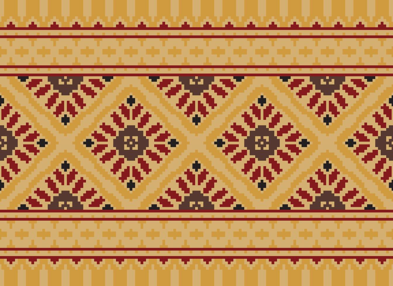 Pixel Vintages Cross Stitch Traditional Ethnic Pattern Paisley Flower Ikat Background Abstract Aztec African Indonesian Indian Seamless Pattern for Fabric Print Cloth Dress Carpet Curtains and Sarong vector