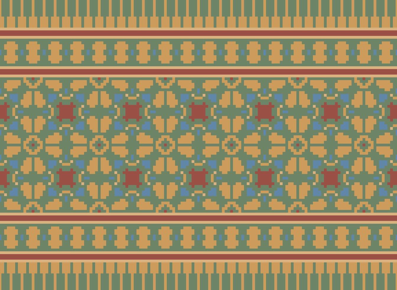 Pixel Vintages Cross Stitch Traditional Ethnic Pattern Paisley Flower Ikat Background Abstract Aztec African Indonesian Indian Seamless Pattern for Fabric Print Cloth Dress Carpet Curtains and Sarong vector