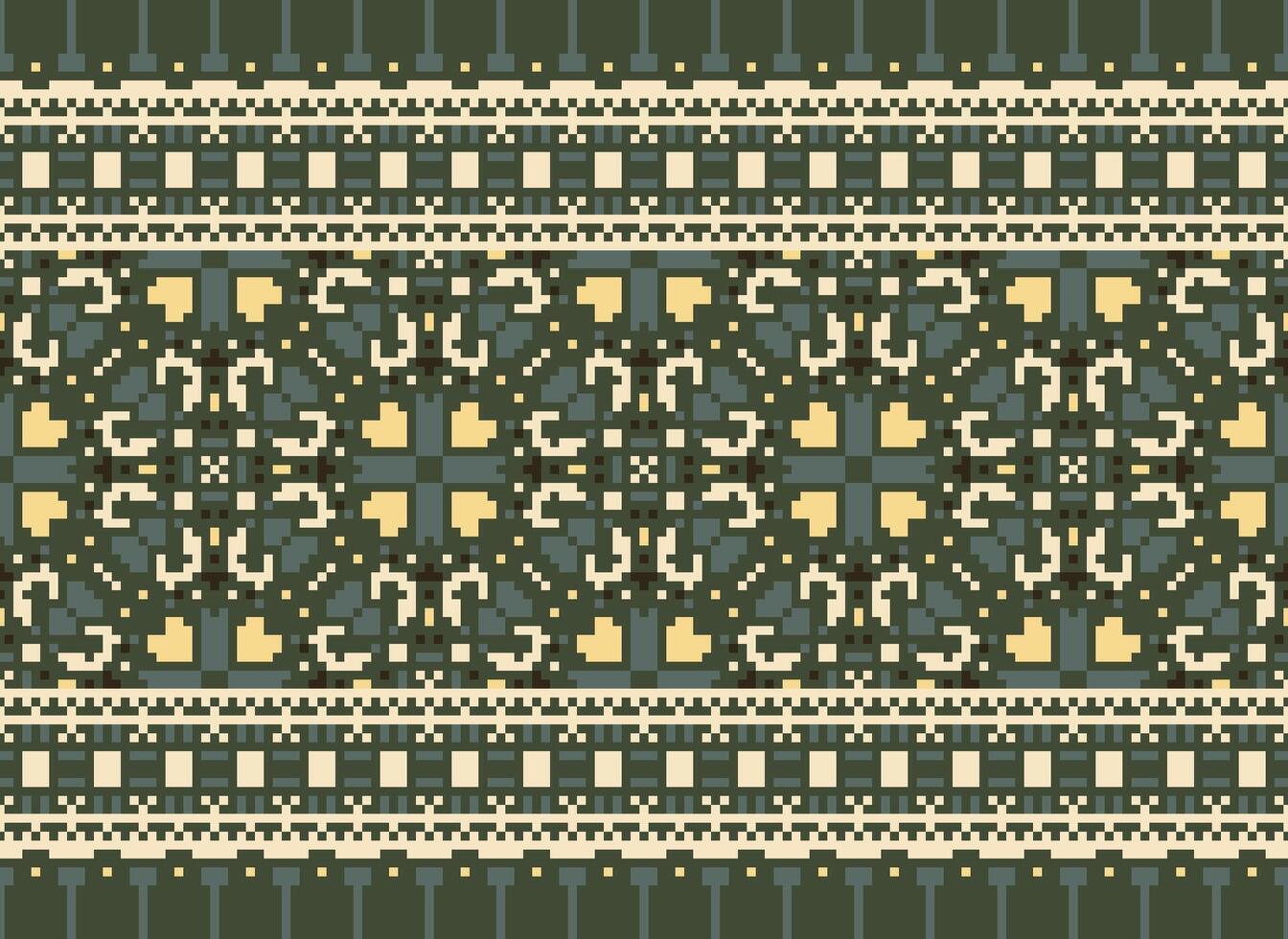 Pixel Vintages Cross Stitch Traditional Ethnic Pattern Paisley Flower Ikat Background Abstract Aztec African Indonesian Indian Seamless Pattern for Fabric Print Cloth Dress Carpet Curtains and Sarong vector